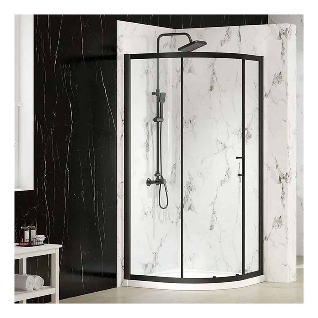 Modern black-framed corner shower enclosure with glass doors, featuring a rainfall showerhead and handheld shower, set in a contemporary bathroom with marble-effect wall tiles.