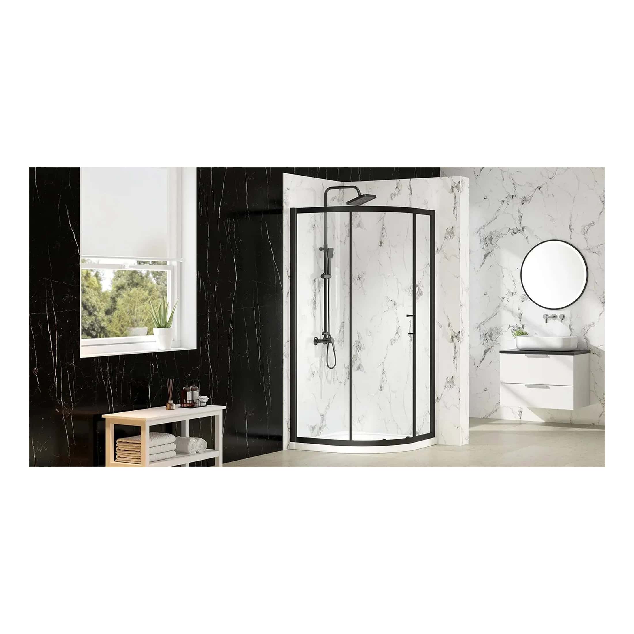 Modern black and white bathroom with a curved glass shower enclosure, wall-mounted sink with mirror, and natural light from a nearby window, creating a sleek and stylish space.