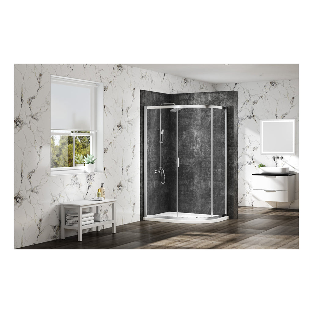 Shower enclosure with black textured walls in modern bathroom setting, featuring white marble walls, wooden flooring, and sleek white vanity for a contemporary bath design.