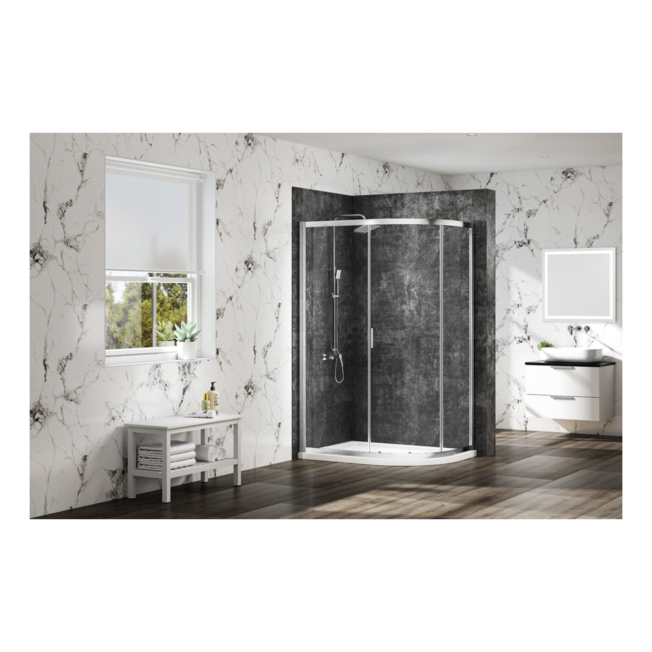 Shower enclosure with black textured walls in modern bathroom setting, featuring white marble walls, wooden flooring, and sleek white vanity for a contemporary bath design.