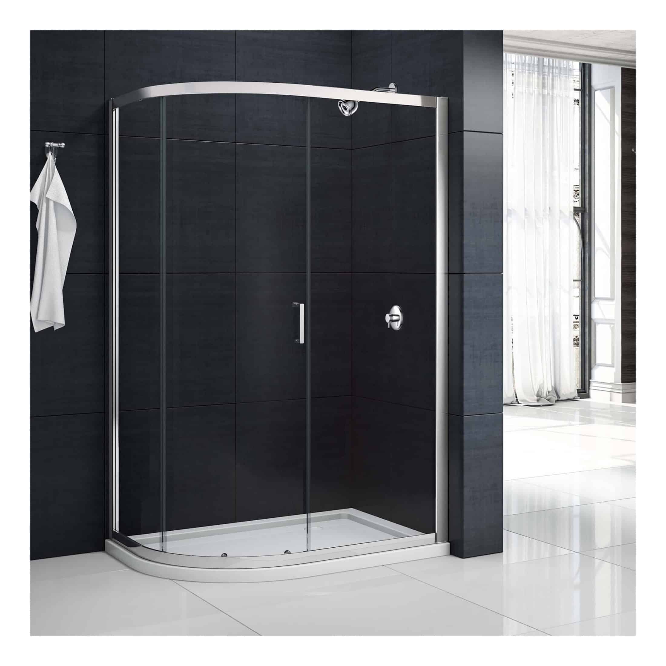 Sleek modern corner shower enclosure with clear glass doors, chrome hardware, and black tiled bathroom wall, providing a stylish and functional bathing solution.
