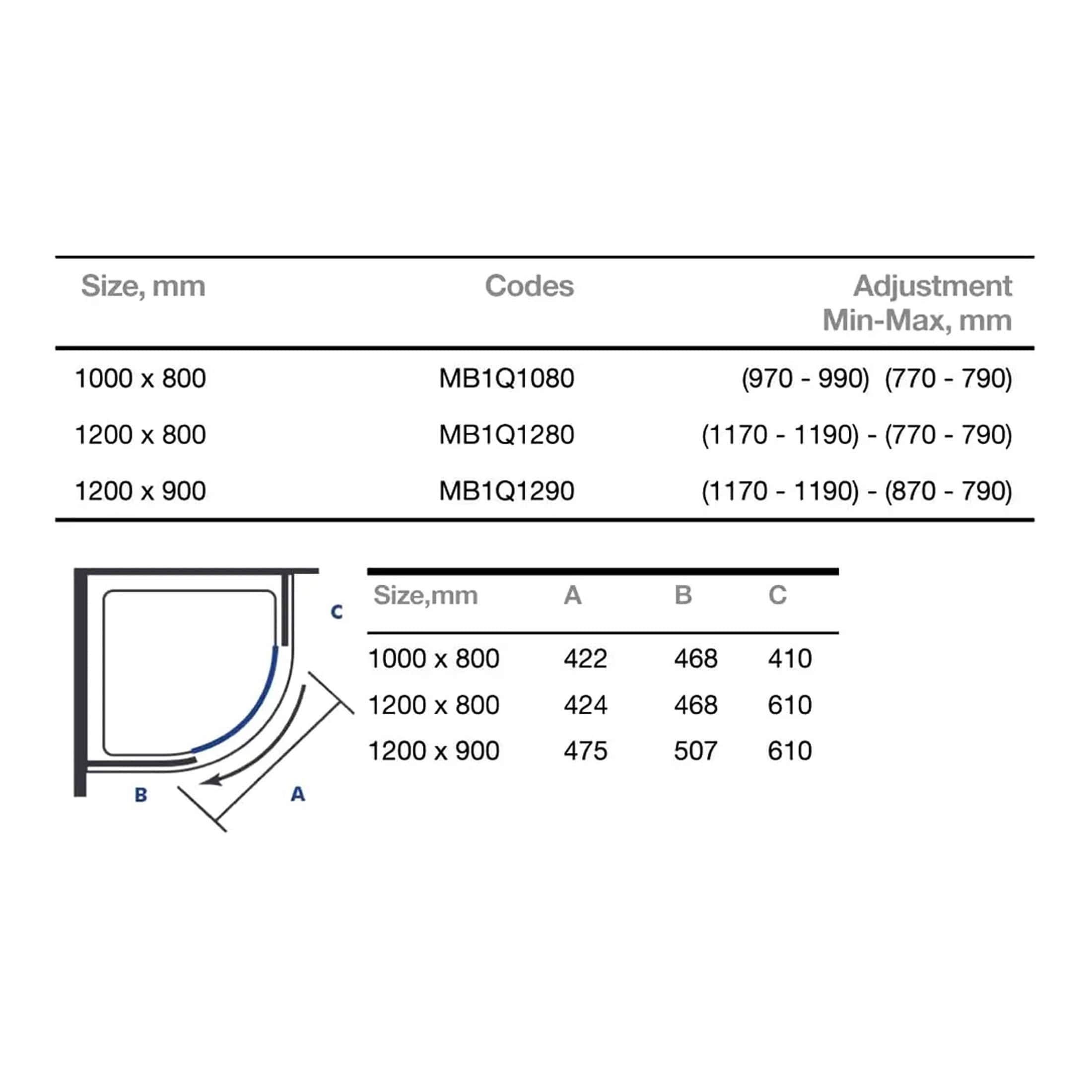 High-quality bathroom shower tray specifications with dimensions, codes, and adjustable measurements for custom fitting, featuring detailed technical data and diagram for optimal bathroom design.