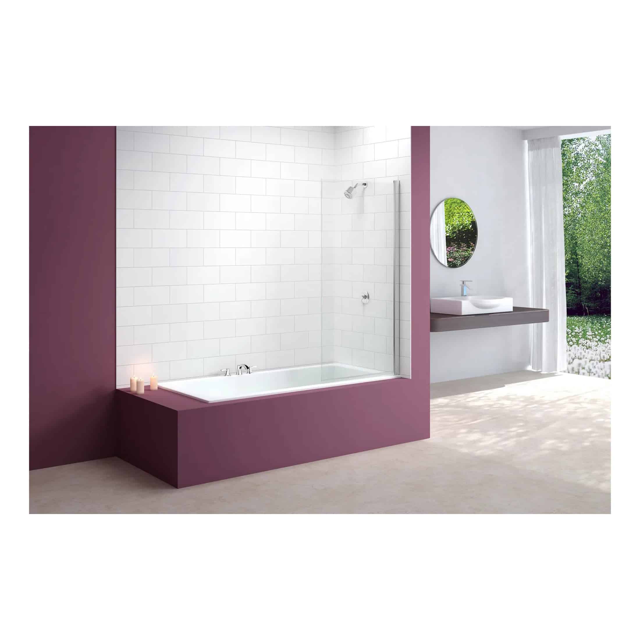 Modern built-in bathtub with purple surround and overhead shower in a contemporary bathroom featuring white tiles, a sleek vanity with a round mirror, and a large window with greenery outside.