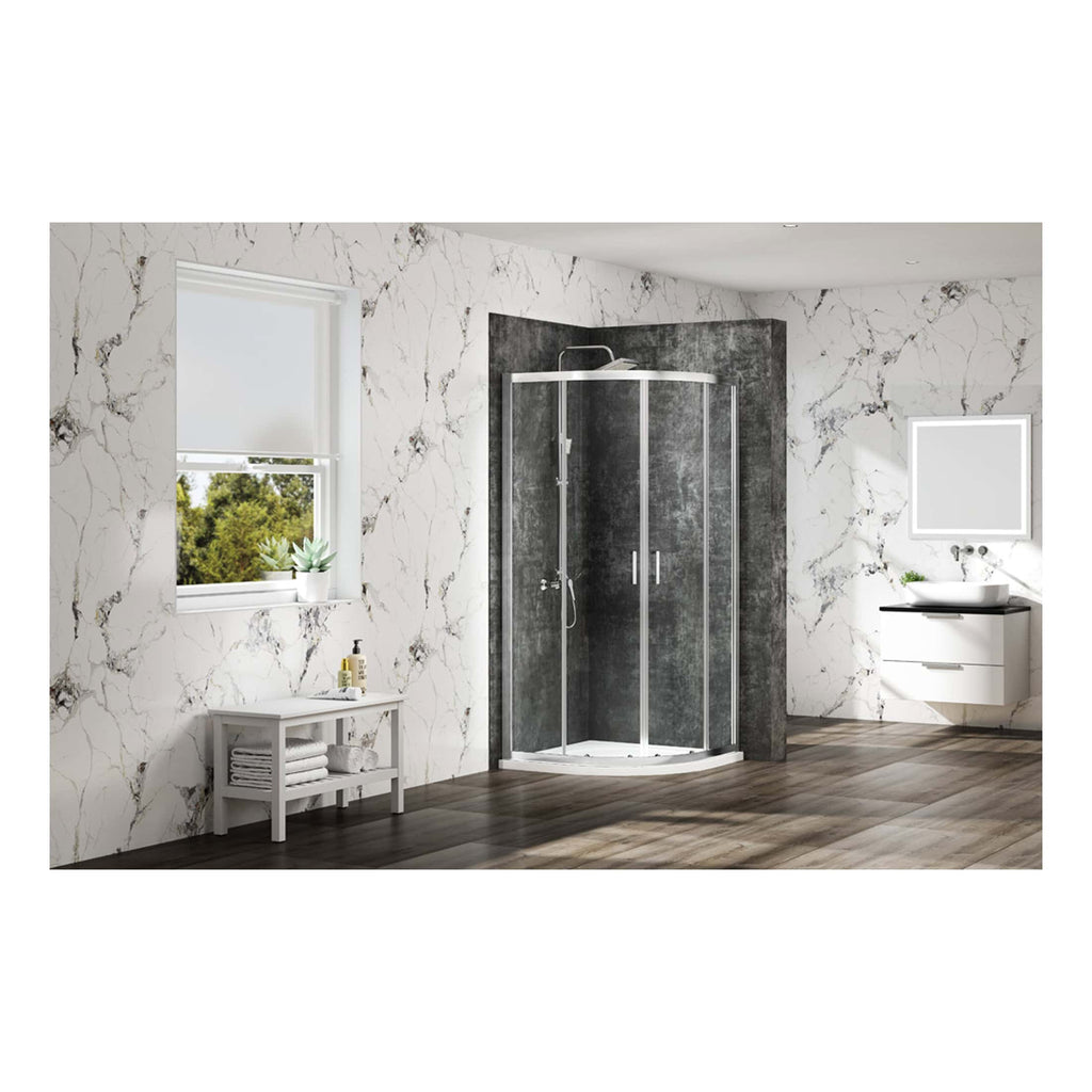 Sleek black corner shower enclosure with glass doors in a modern bathroom featuring marble walls and dark wood flooring. Perfect for contemporary bathroom designs by Bubly Bathrooms.