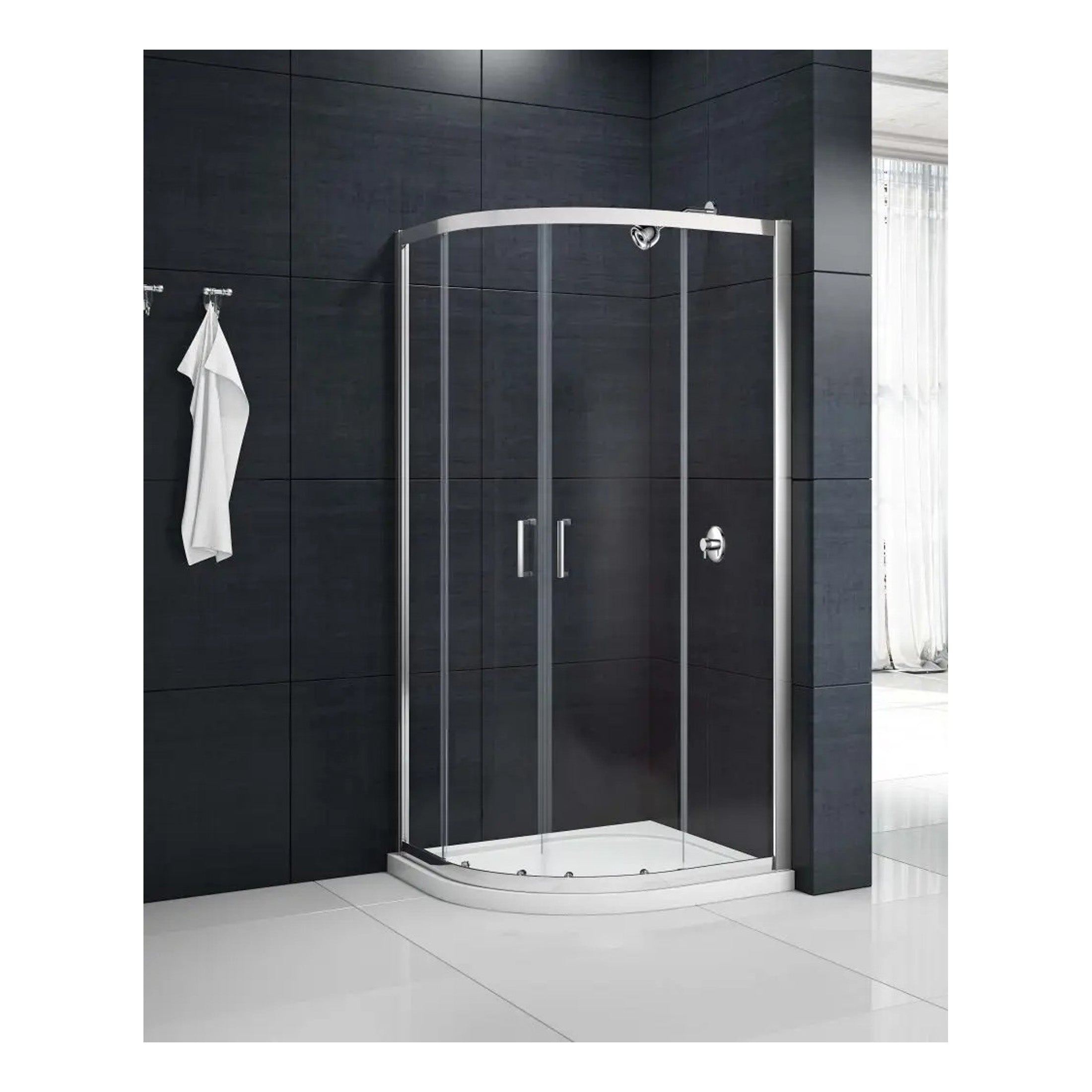 Sleek corner shower enclosure with clear glass doors and modern chrome hardware, ideal for contemporary bathroom bathroom renovation and maximising space.