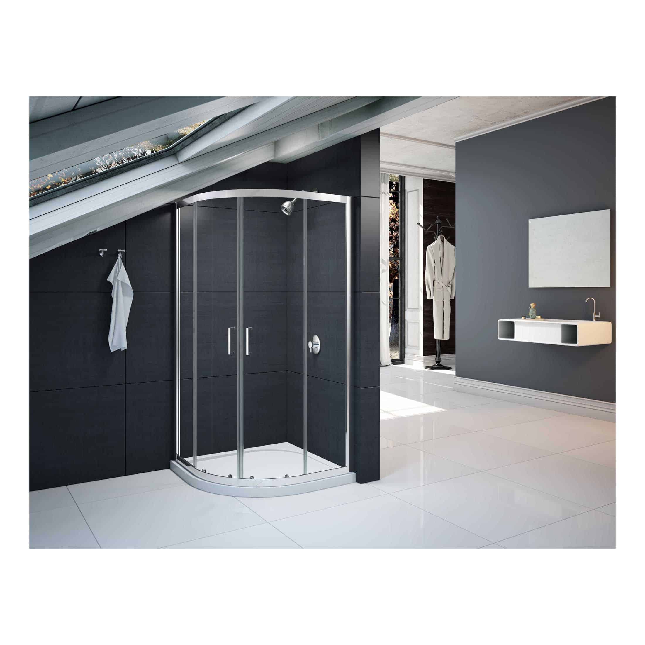 Contemporary walk-in shower with sleek glass doors in a modern bathroom featuring black wall tiles and minimalist white vanity under skylight.