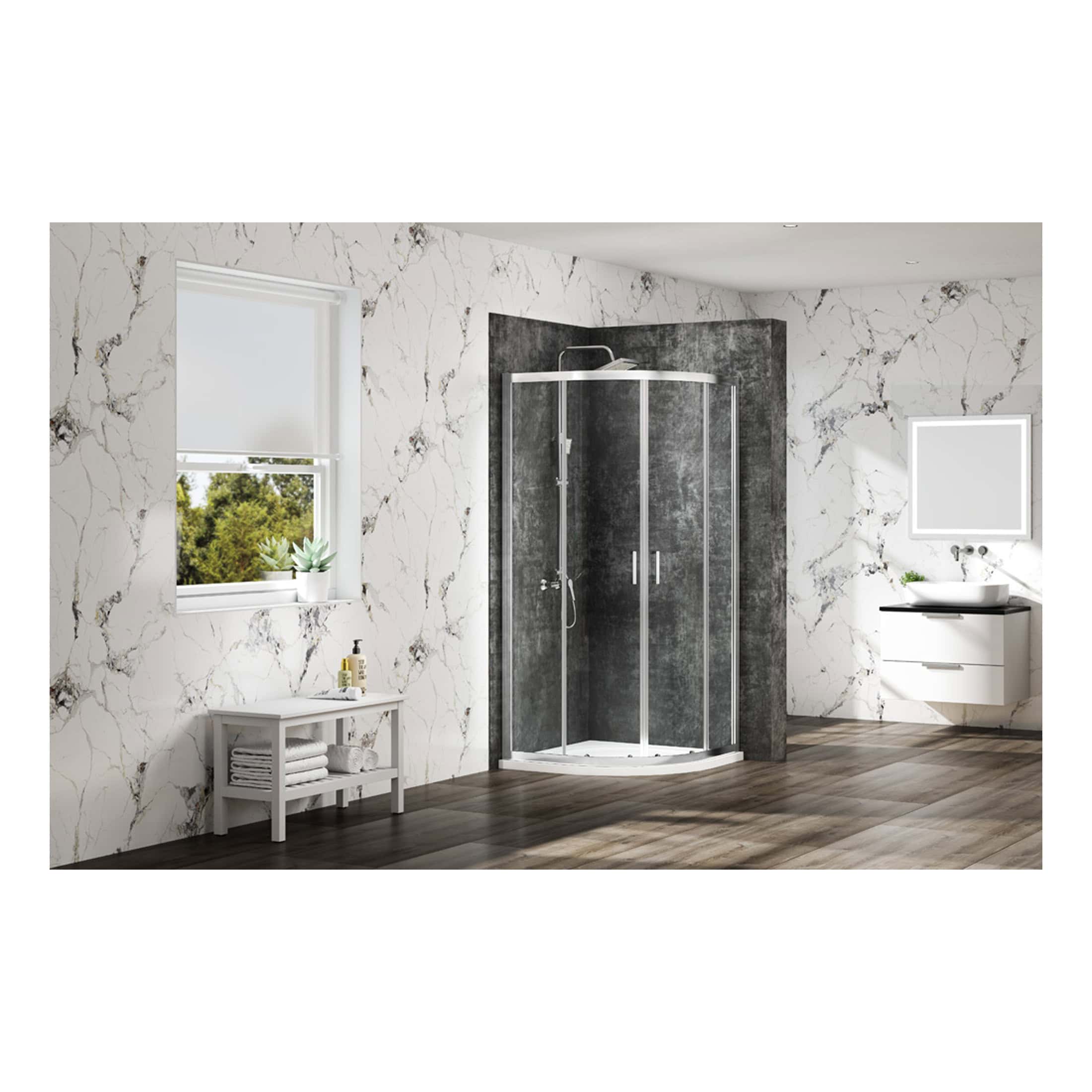 Sleek black corner shower enclosure with glass doors in a modern bathroom featuring marble walls and dark wood flooring. Perfect for contemporary bathroom designs by Bubly Bathrooms.