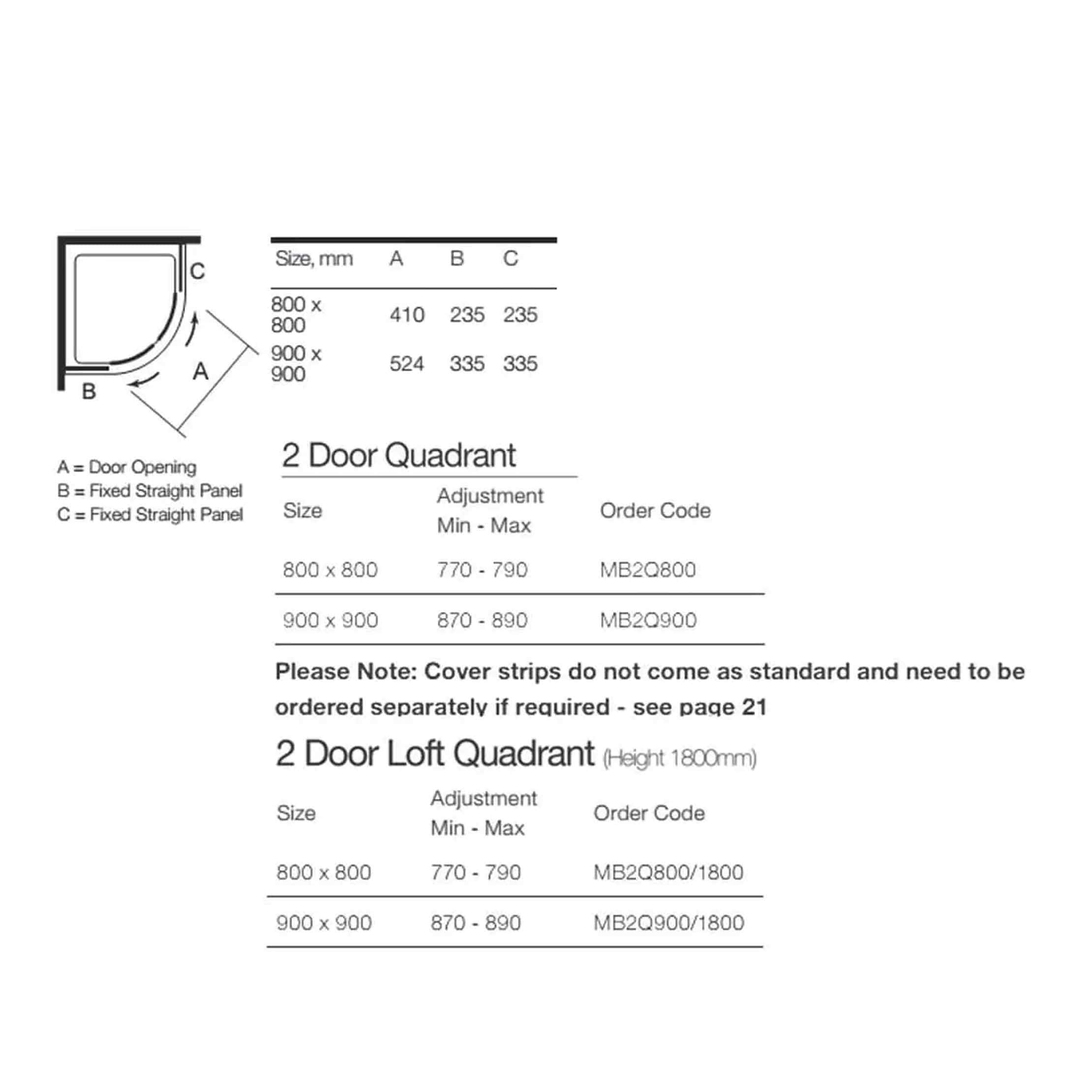 Door shower enclosure dimensions and installation guide with bathroom fixtures, suitable for modern Bubly bathrooms, includes size adjustments and order codes for 2-door quadrant and loft models.