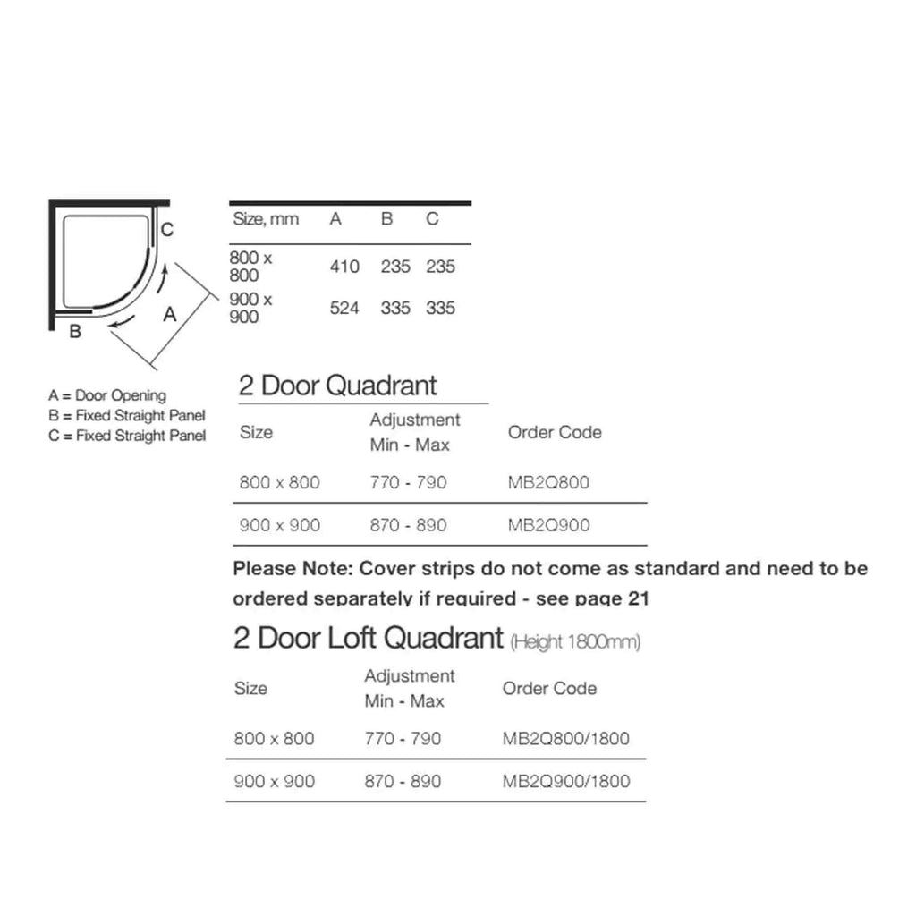 Door shower enclosure dimensions and installation guide with bathroom fixtures, suitable for modern Bubly bathrooms, includes size adjustments and order codes for 2-door quadrant and loft models.