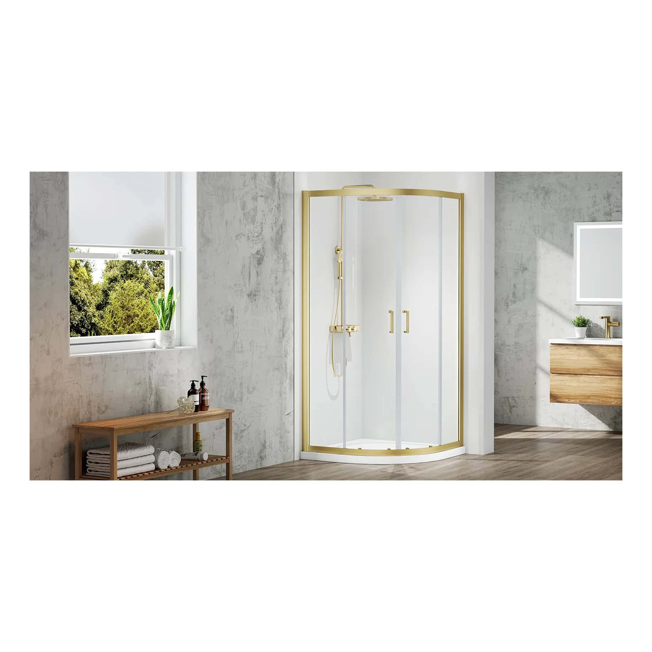Shower enclosure with brass frame in a modern bathroom with textured grey walls, wooden vanity, and natural light from a window, combining contemporary bathroom design and quality shower solutions.