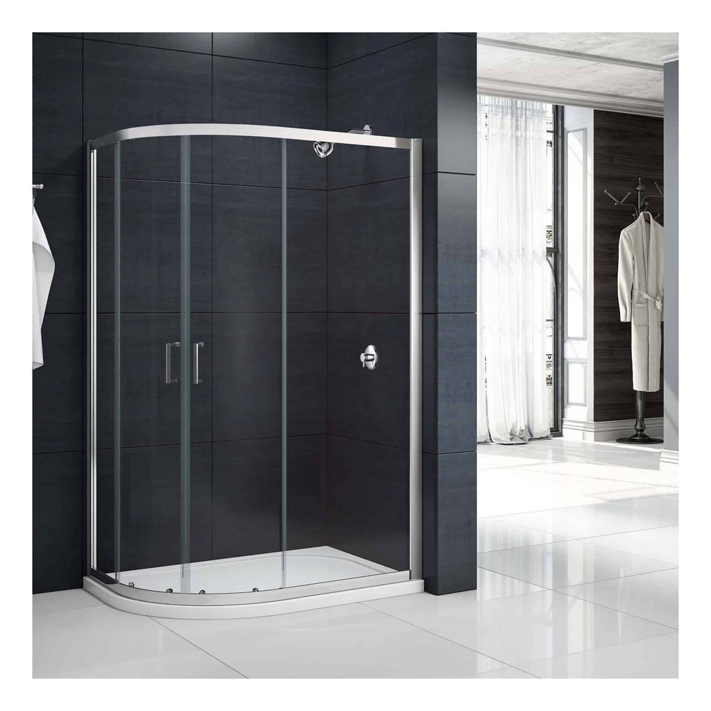 Sleek black tiled bathroom with modern curved glass shower enclosure and chrome fixtures, featuring a bright, minimalist interior with natural light and stylish decor.