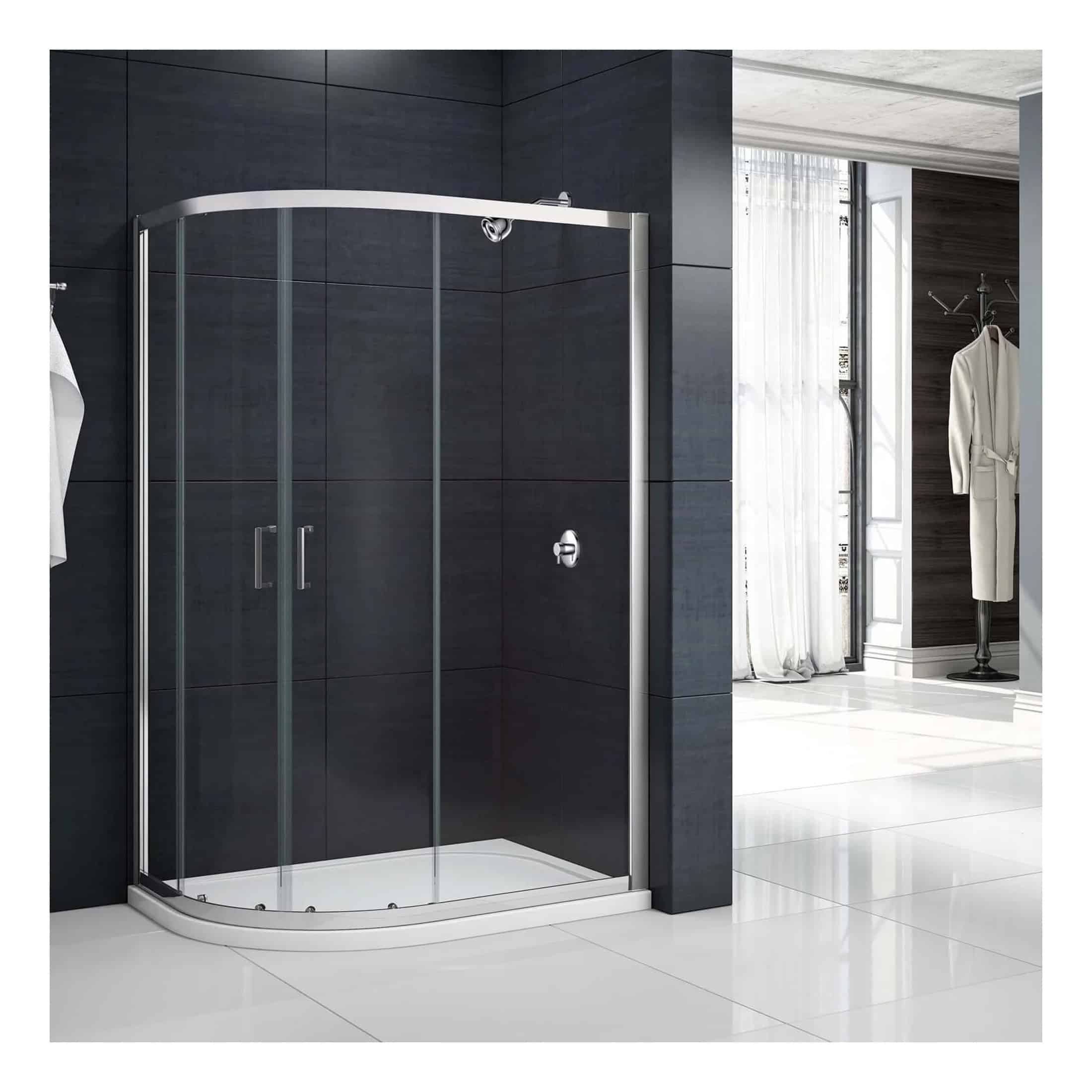 Sleek black tiled bathroom with modern curved glass shower enclosure and chrome fixtures, featuring a bright, minimalist interior with natural light and stylish decor.