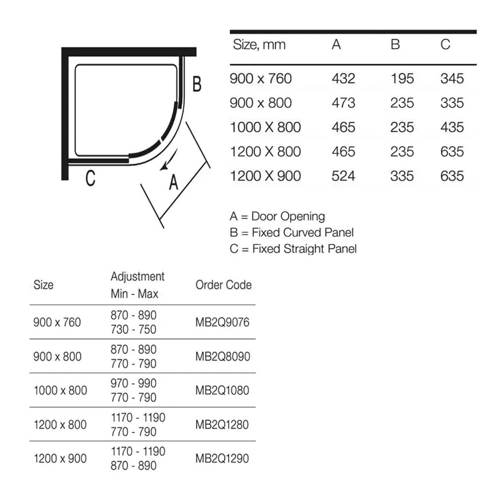 Curved shower enclosure with adjustable door opening options and detailed size specifications for bathroom renovation installatons.