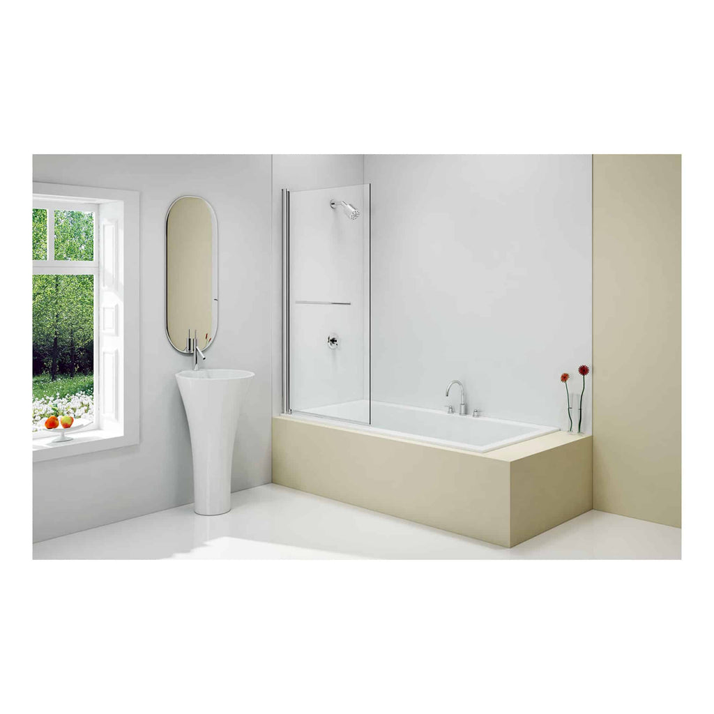 Modern minimalist bathroom featuring a white bathtub with a glass shower screen, a sleek white pedestal sink with an oval mirror, and a large window overlooking a green garden.