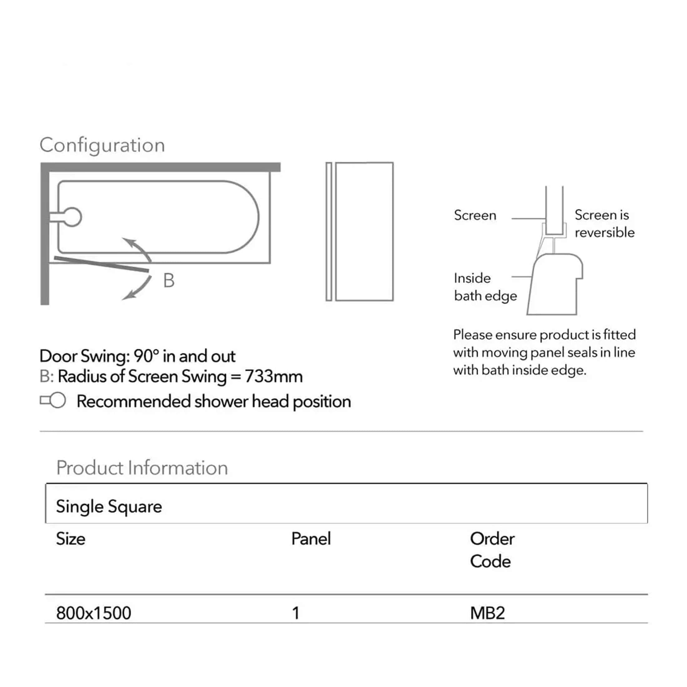 High-quality shower screen installation diagram from Bubly Bathrooms, showcasing single square panel, 800x1500mm size with detailed door swing and sealing instructions, ideal for customised bathroom design.