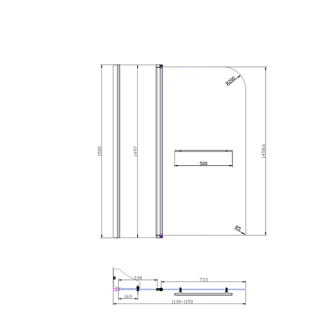 Shower enclosure technical drawing with detailed dimensions and sleek design, ideal for modern bathrooms ensuring quality and style.