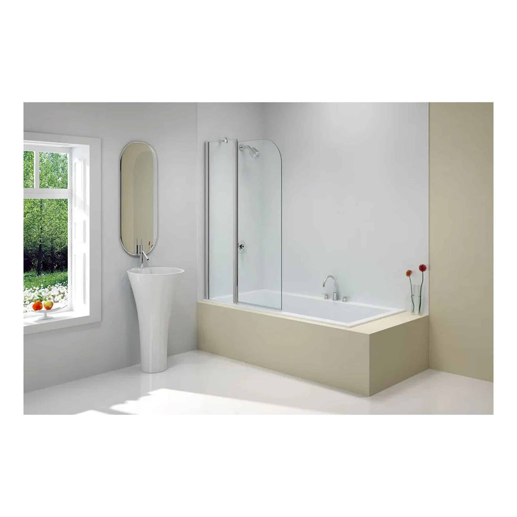 Contemporary bathroom featuring a sleek bathtub with a glass shower screen, an elegant freestanding basin with a tall mirror, and minimal decor with fresh flowers, ideal for modern bathroom designs.