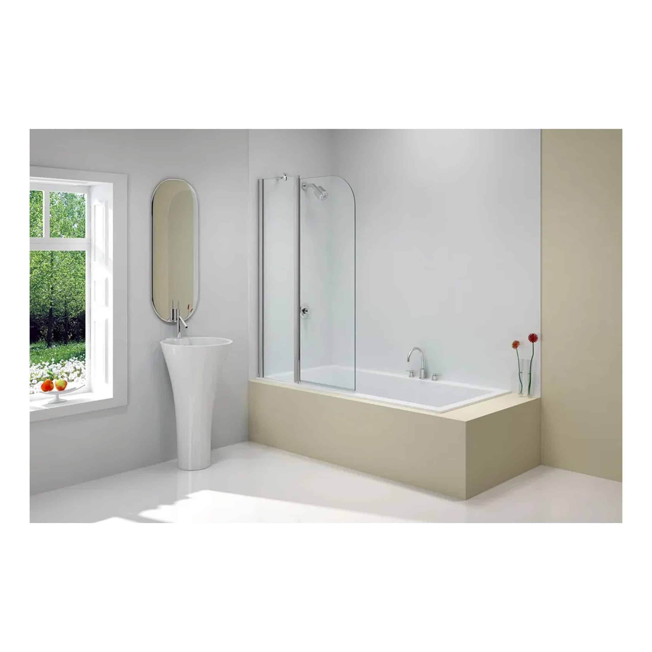 Contemporary bathroom featuring a sleek bathtub with a glass shower screen, an elegant freestanding basin with a tall mirror, and minimal decor with fresh flowers, ideal for modern bathroom designs.