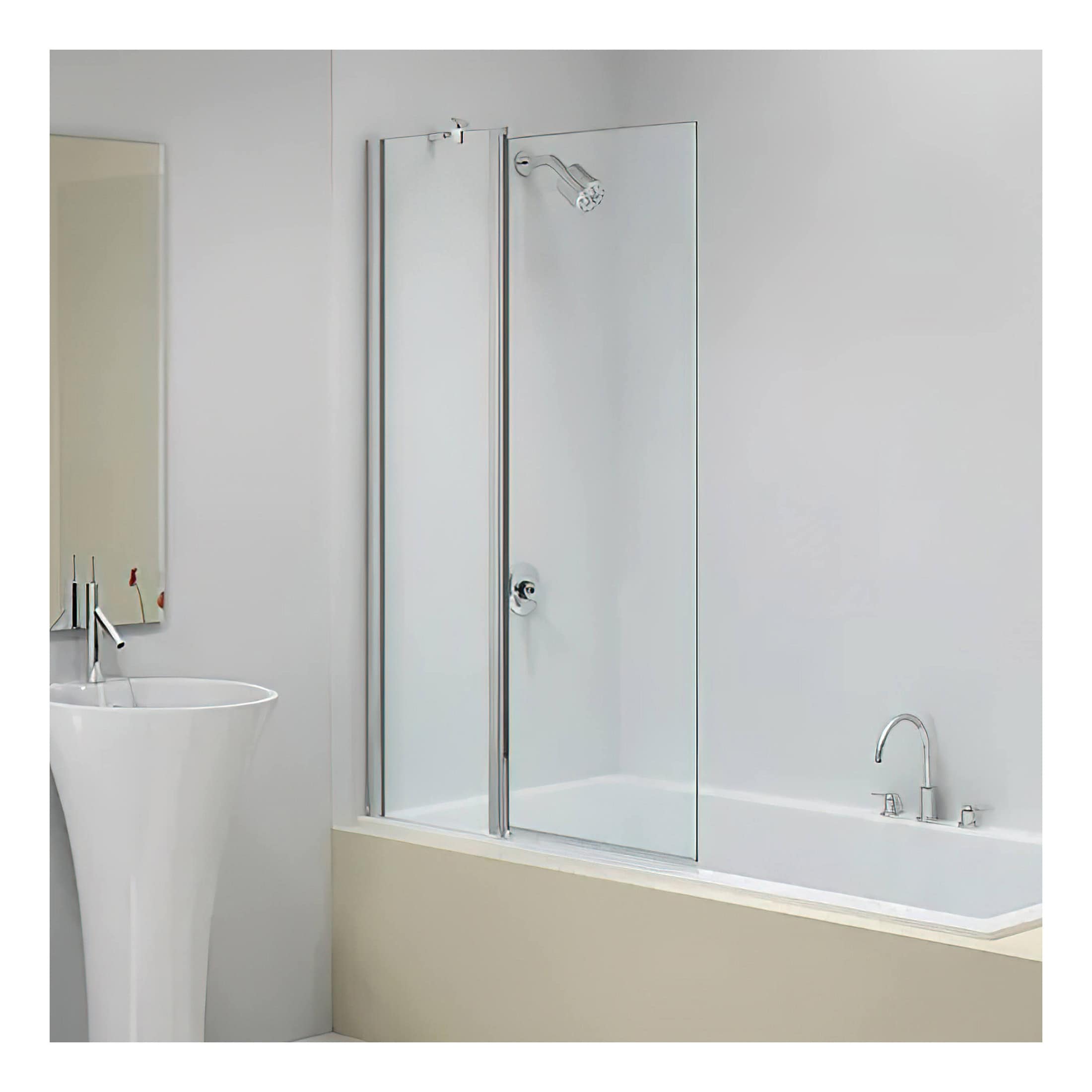 Sleek modern bathroom featuring a glass shower enclosure, white bathtub with chrome fixtures, and minimalist design highlighting contemporary bathroom design ideas.