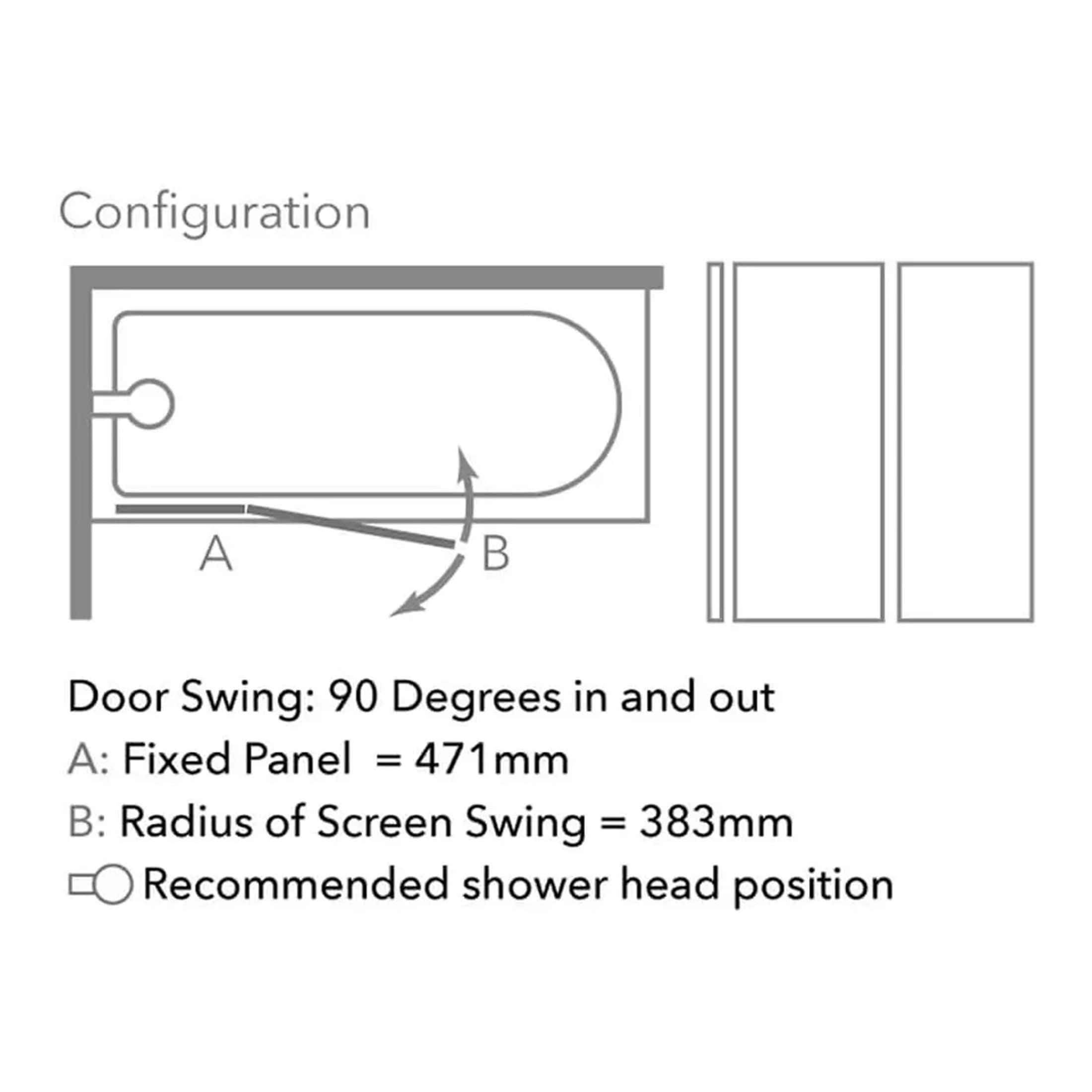 Shower door swing diagram for Bubly Bathrooms, illustrating 90-degree in and out door movement with measurements for fixed panel and screen swing radius.