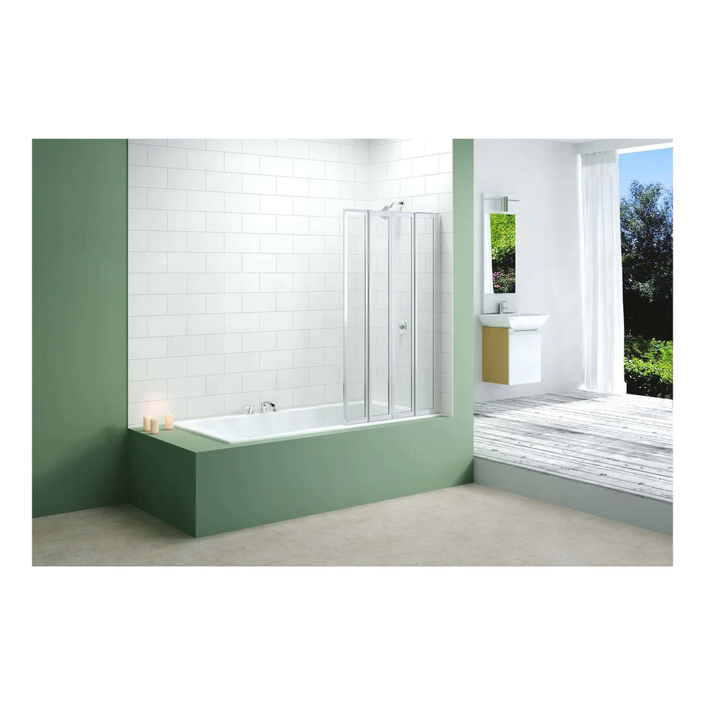 Light green and white bathroom with bathtub and glass shower enclosure, modern vanity unit, large window with curtains, featuring minimalist design and natural lighting for a contemporary bathroom look.