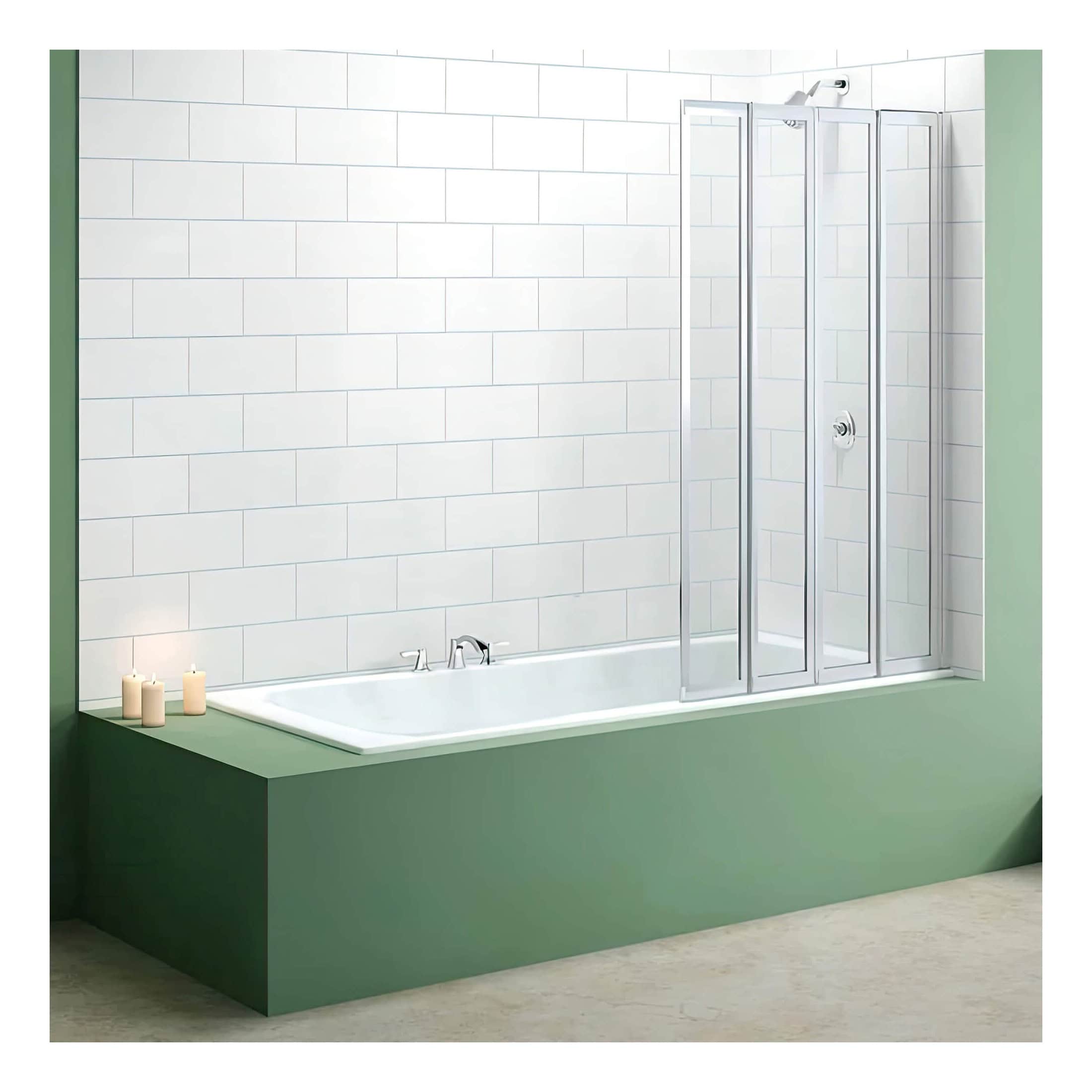 A luxurious bathroom features a bathtub with a sliding glass shower screen, modern fixtures, and minimalist white tiles, perfect for contemporary bathroom renovation.