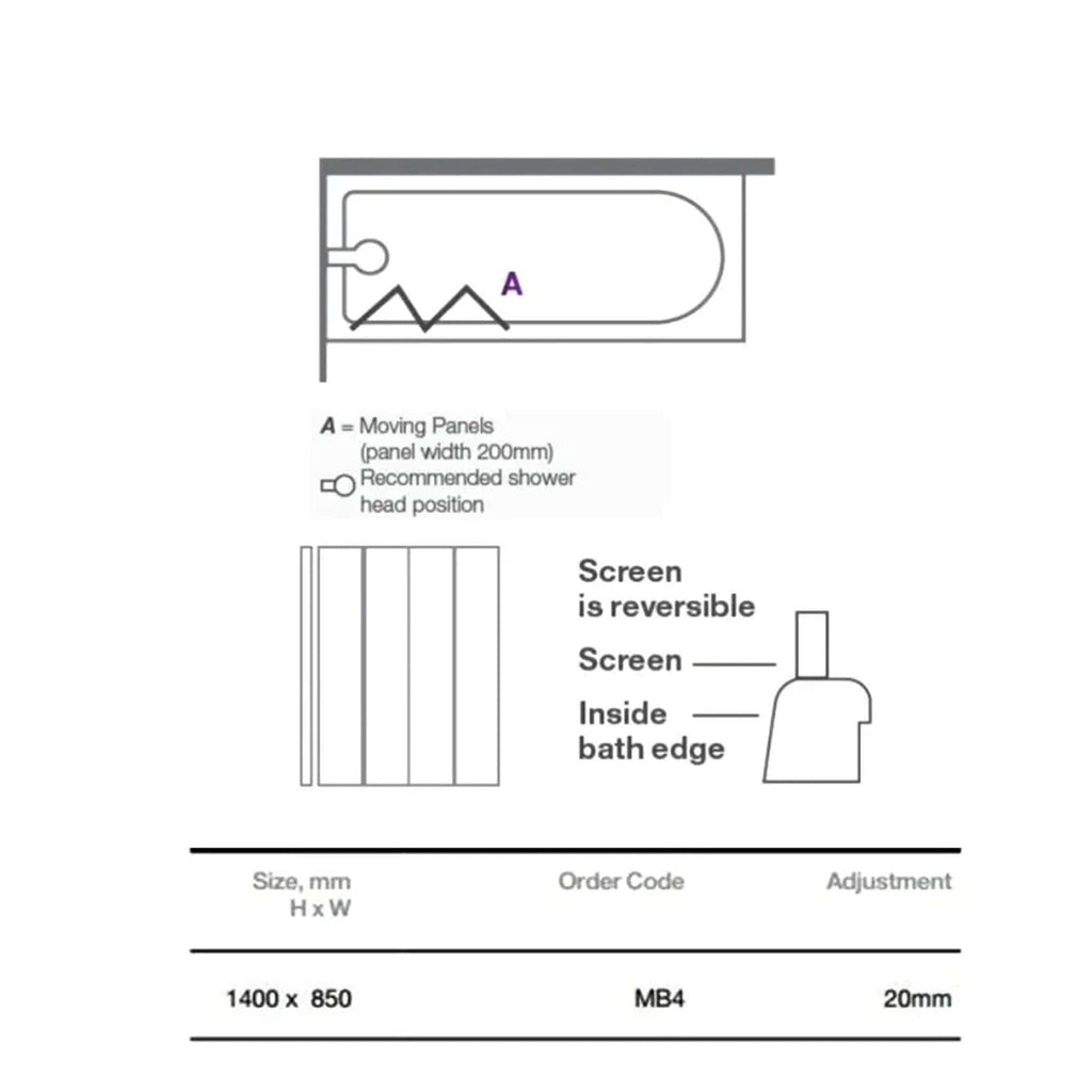 Moving panel bath screen with reversible design, 200mm panel width, for customised shower enclosure setup, ideal for modern bathroom renovations.