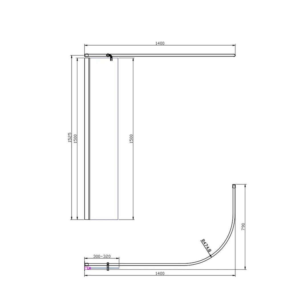 Modern bathroom shower assembly with detailed technical design, measuring 1400mm width and 1500mm height, installed with a curved shower hose. Ideal for contemporary bathroom upgrades.