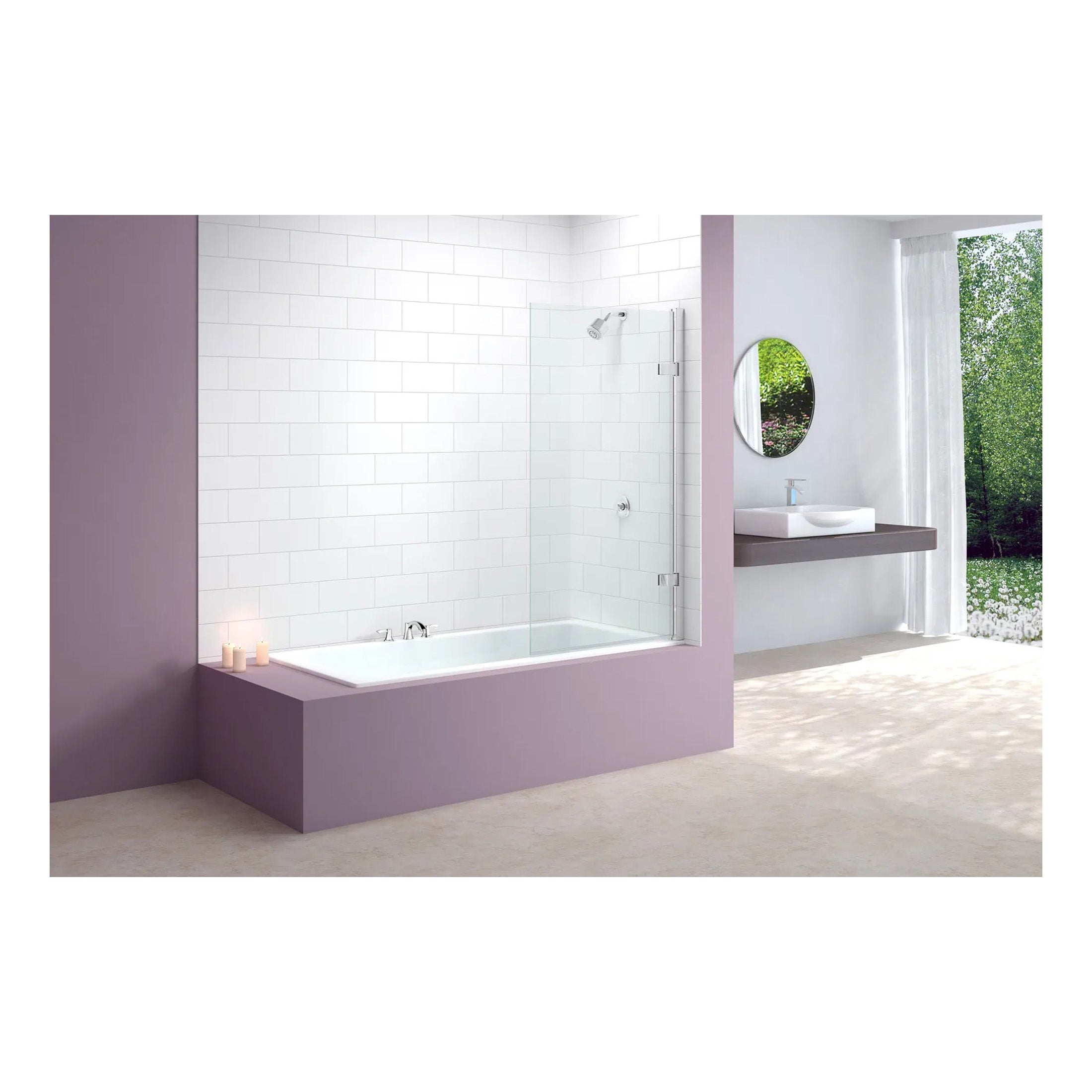 Contemporary bathroom with walk-in shower, freestanding bathtub, modern vanity with a circular mirror, and large window overlooking greenery, perfect for relaxing and stylish bathroom design.