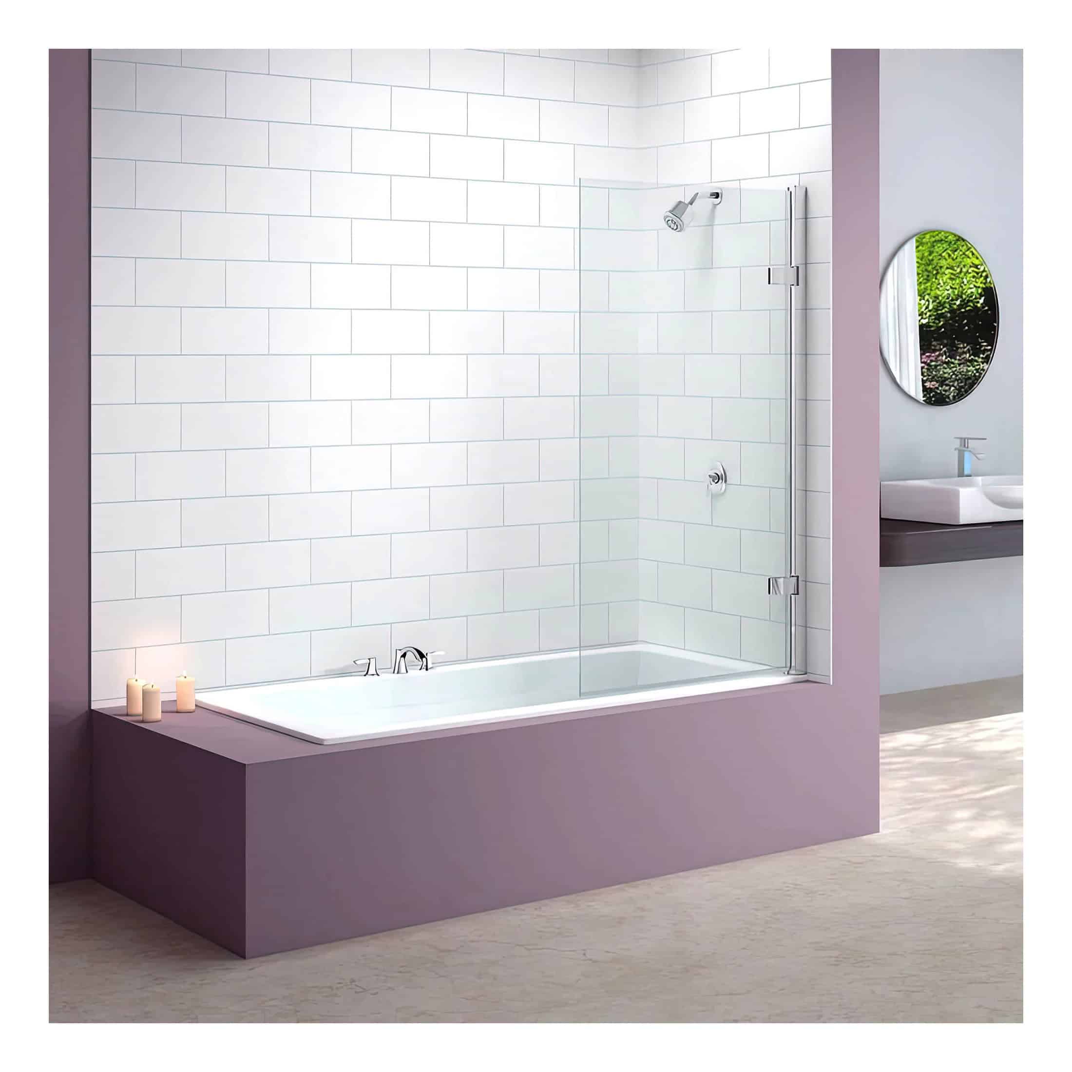 Modern white tiled bathroom with a built-in bathtub, glass shower screen, and sleek fixtures, creating a contemporary and clean look for stylish bathroom renovation.