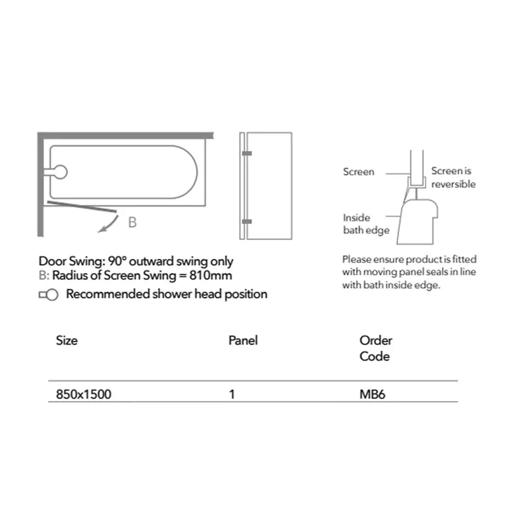 High-quality shower screen installation diagram showcasing door swing, size, and fitting details for bathrooms. Perfect for bathroom renovation projects.