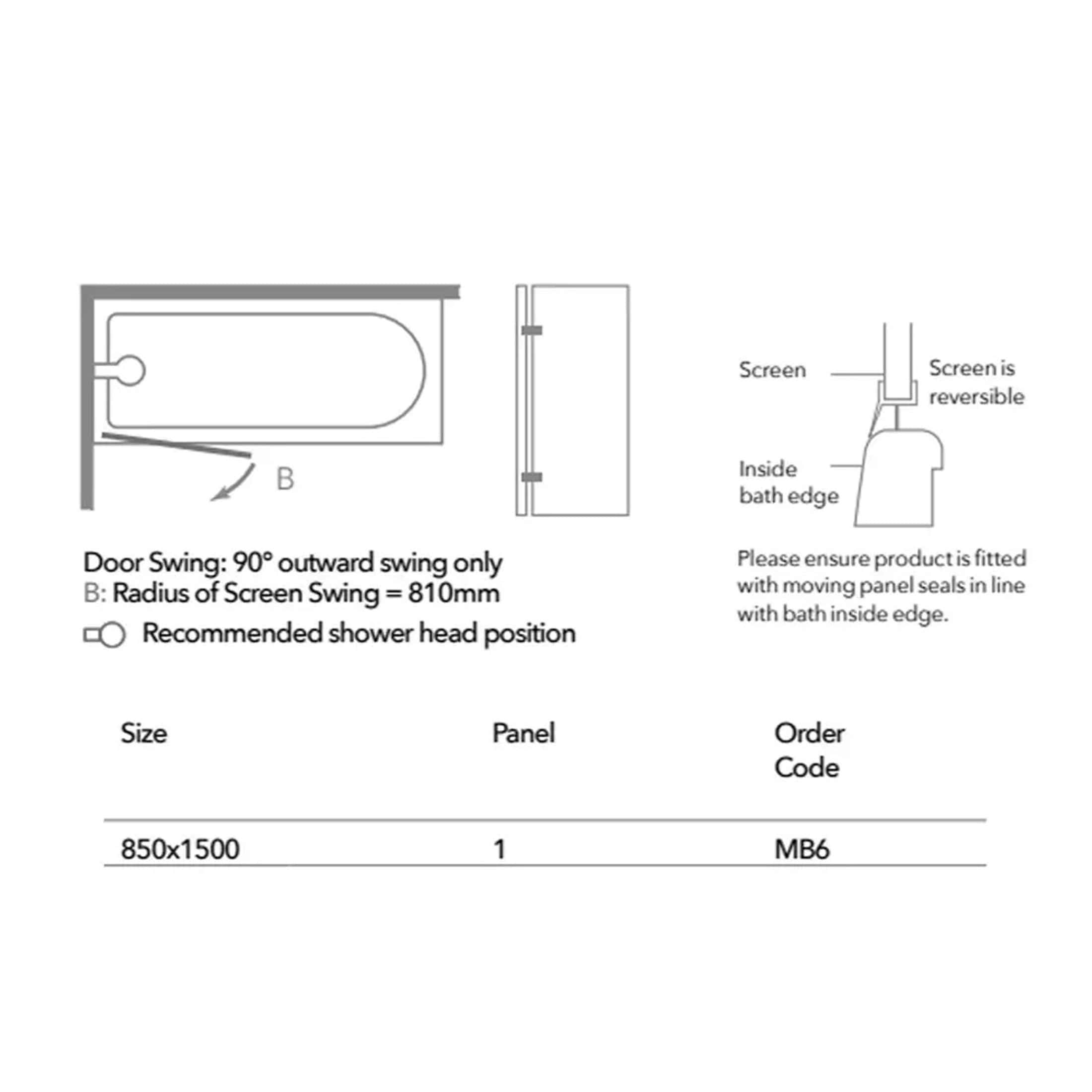 High-quality shower screen installation diagram showcasing door swing, size, and fitting details for bathrooms. Perfect for bathroom renovation projects.