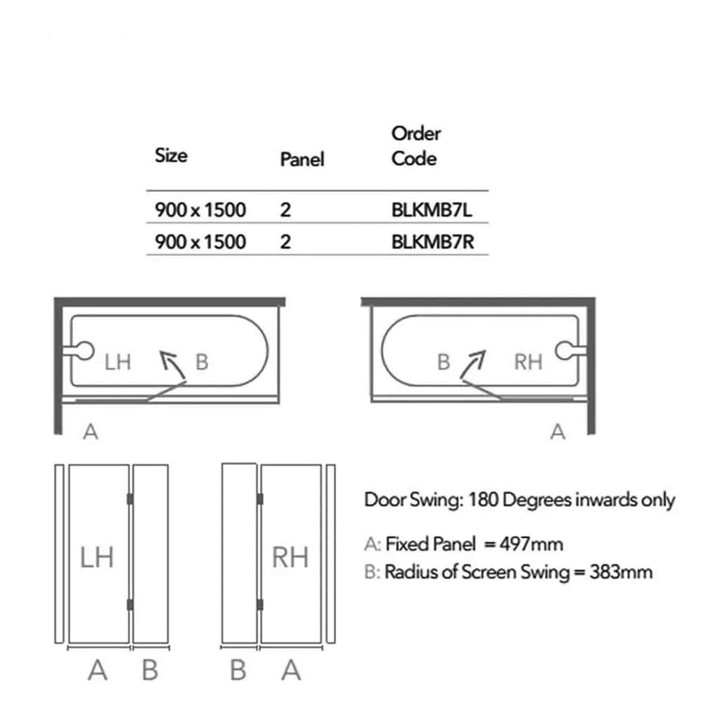 900 x 1500 bathroom shower panels with door swing and installation details, featuring left and right hand options, ideal for custom bathroom renovations.