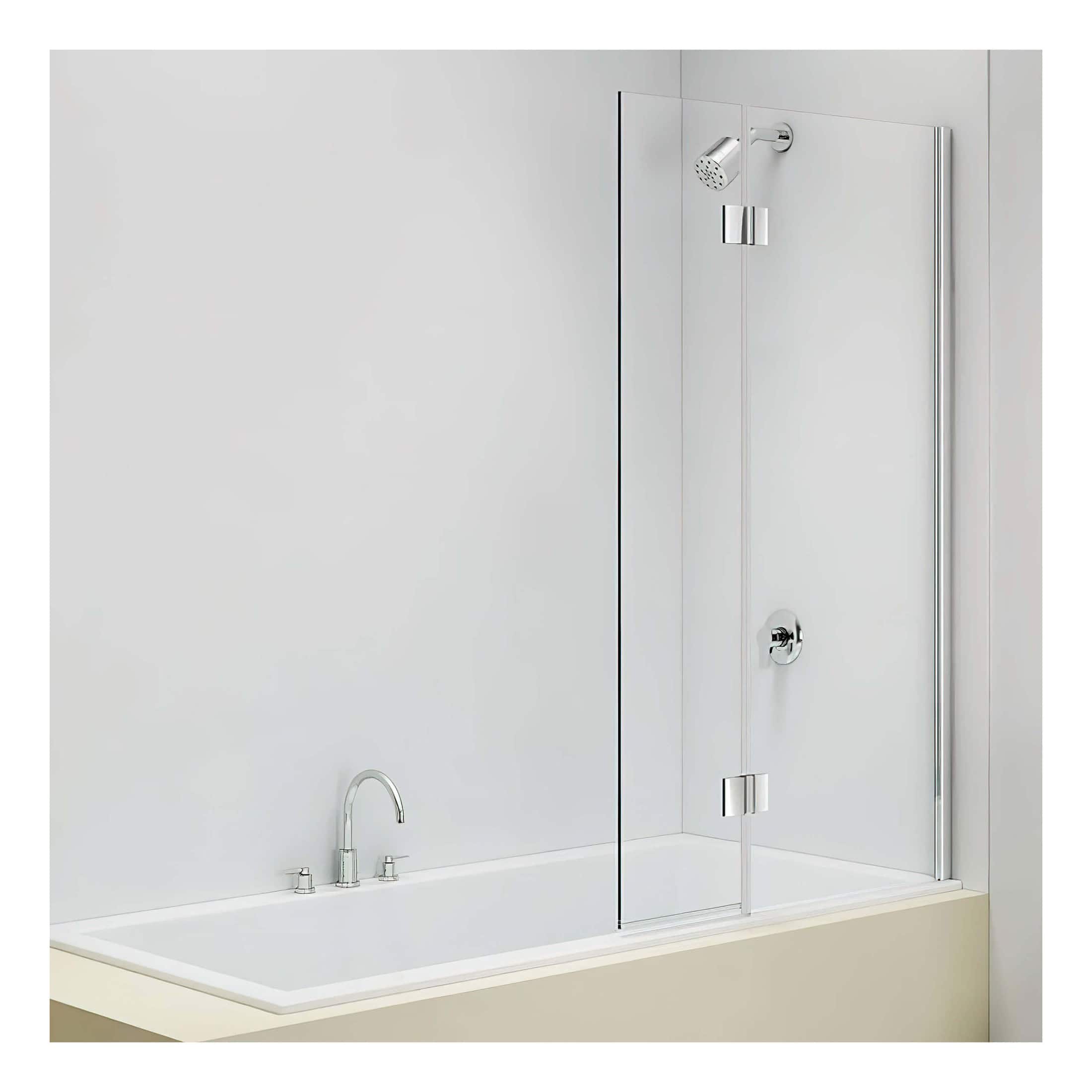 Shower screen with clear glass and stainless steel hinges, designed for modern bathrooms for a sleek and functional shower enclosure.