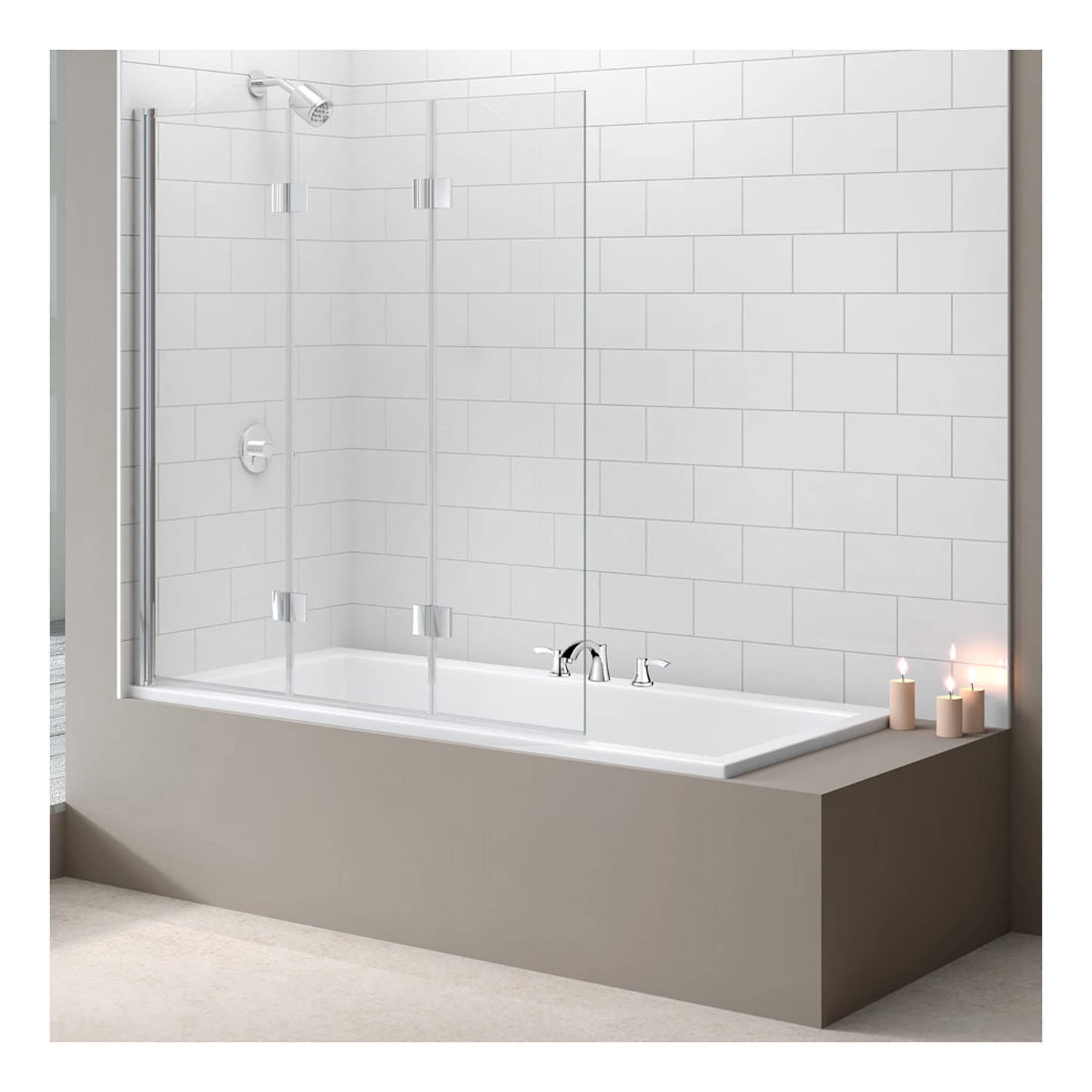 Contemporary bathtub with glass shower screen, chrome fixtures, in a modern white tiled bathroom setting, perfect for stylish bathroom renovations and comfort.
