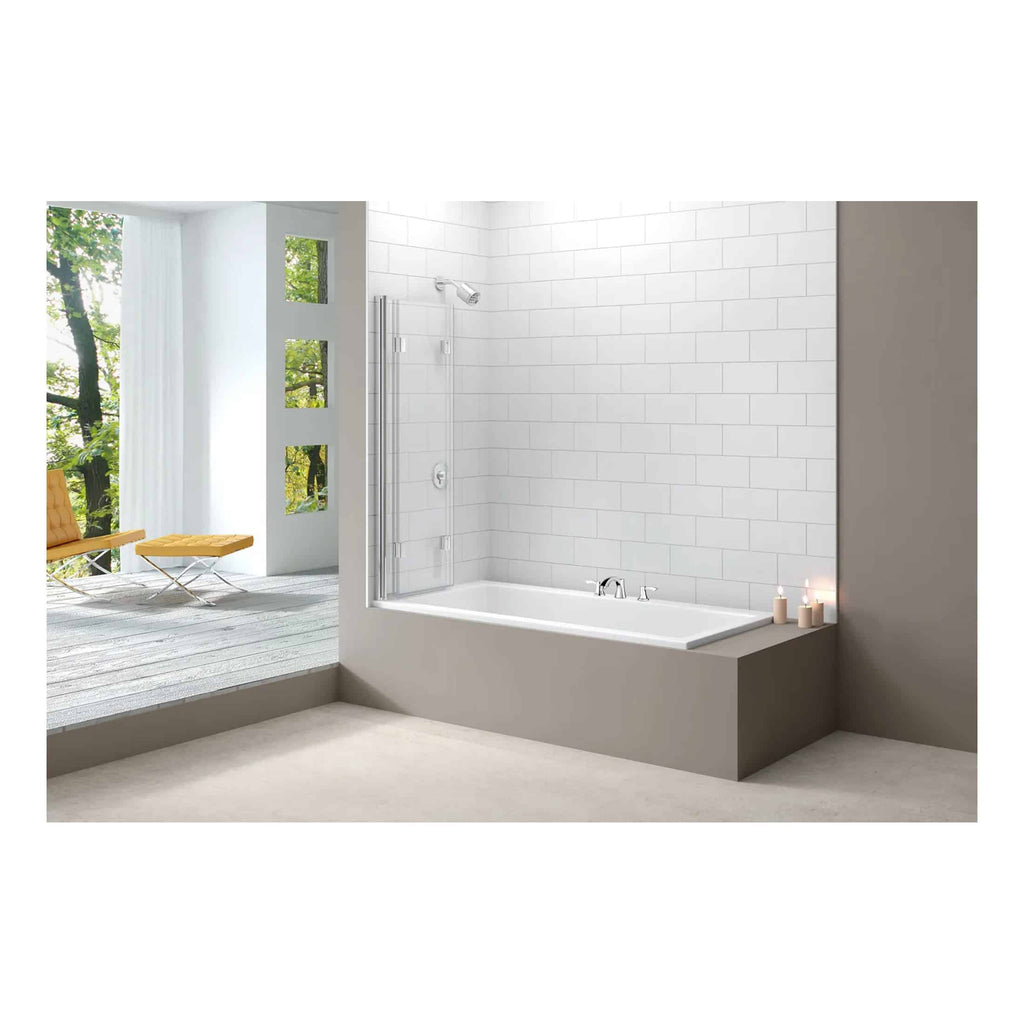 Modern white bathroom with bathtub, glass shower screen, and minimalist design, featuring natural light, neutral grey tones, and candles for a relaxing spa-like atmosphere. Perfect for contemporary bathroom renovation.