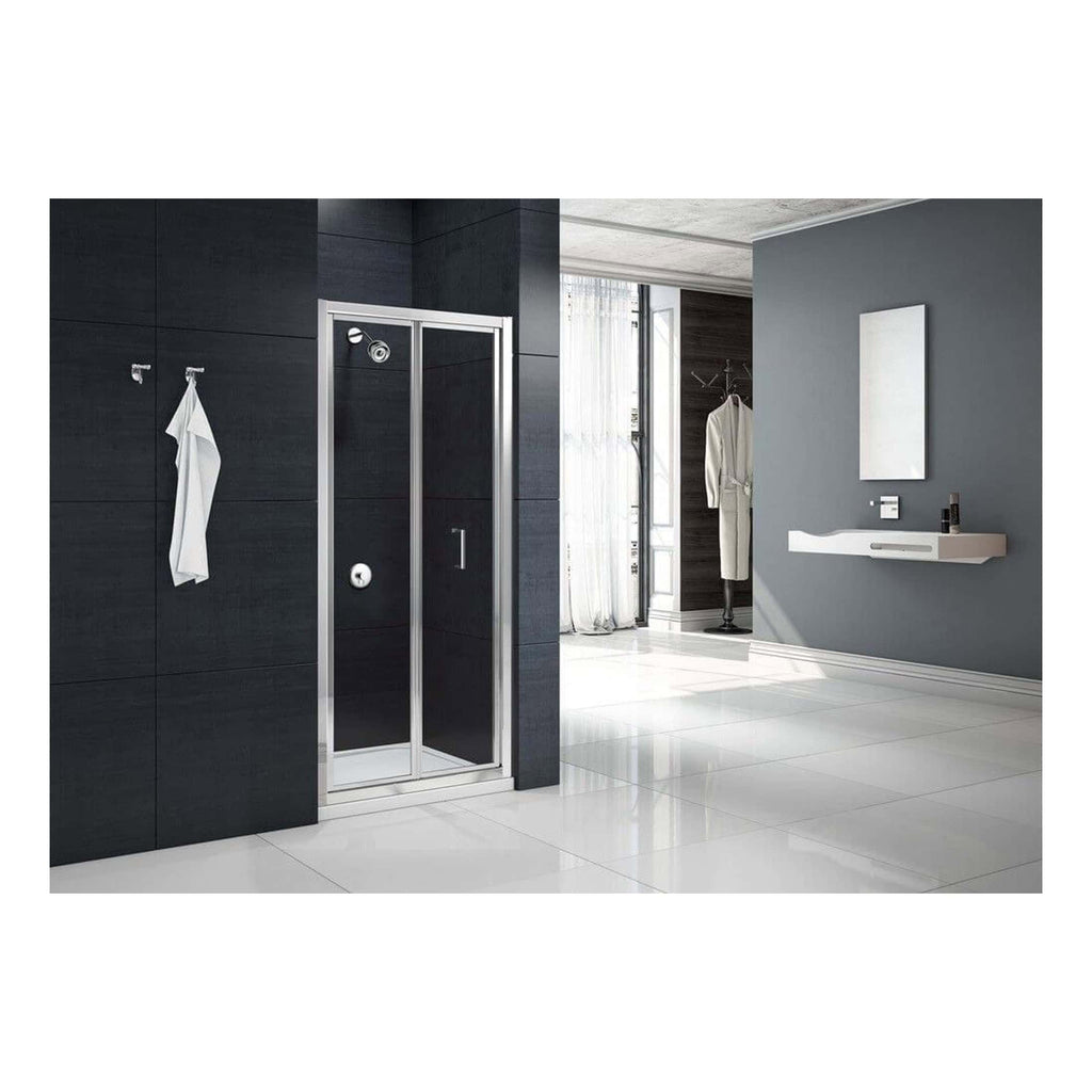 Contemporary glass shower enclosure in a modern bathroom with sleek black tiles and minimalist design, creating a stylish and functional space for showering.