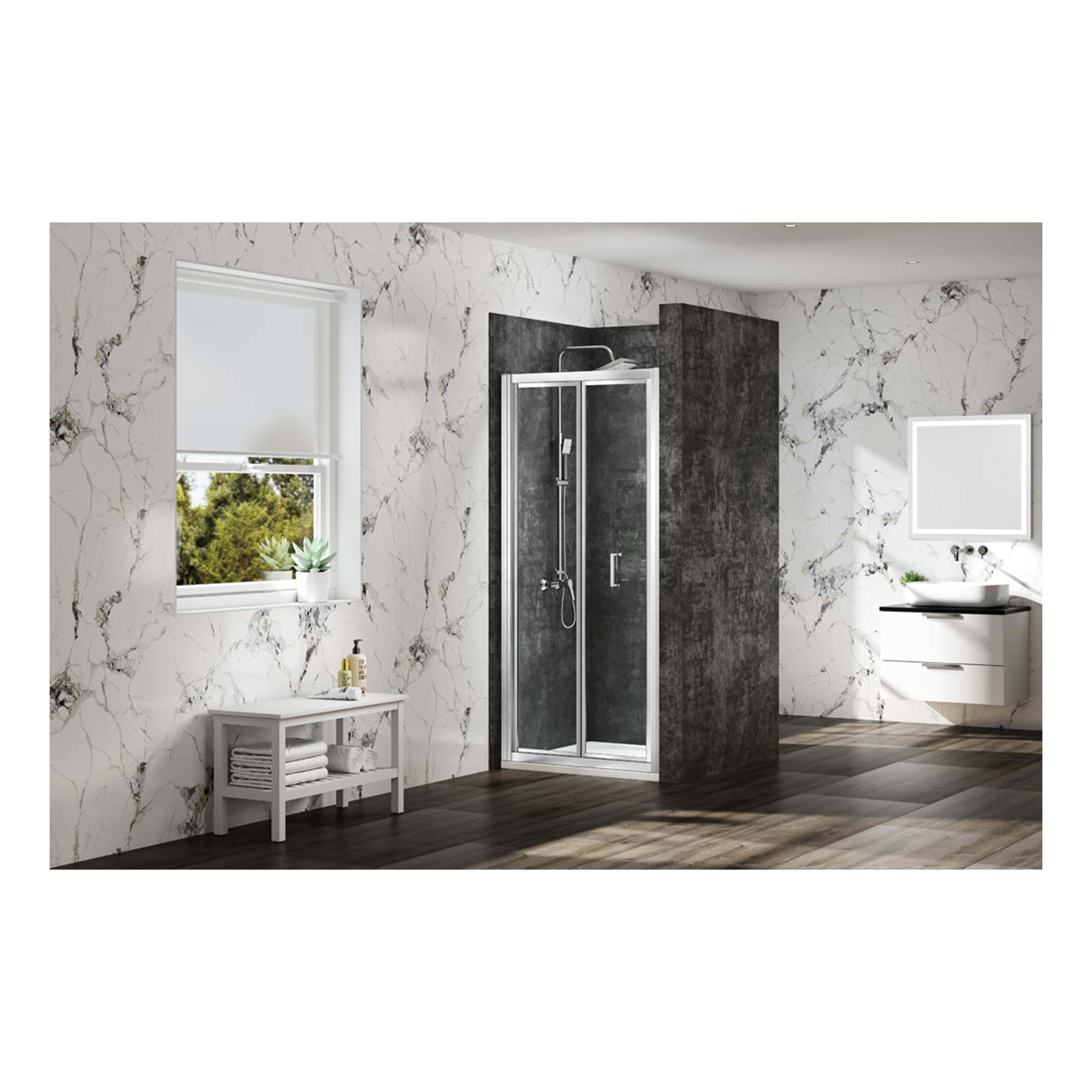 Shower enclosure with black textured wall contrasting white marble bathrooms, modern fixtures, and natural light for a stylish contemporary bathroom design.
