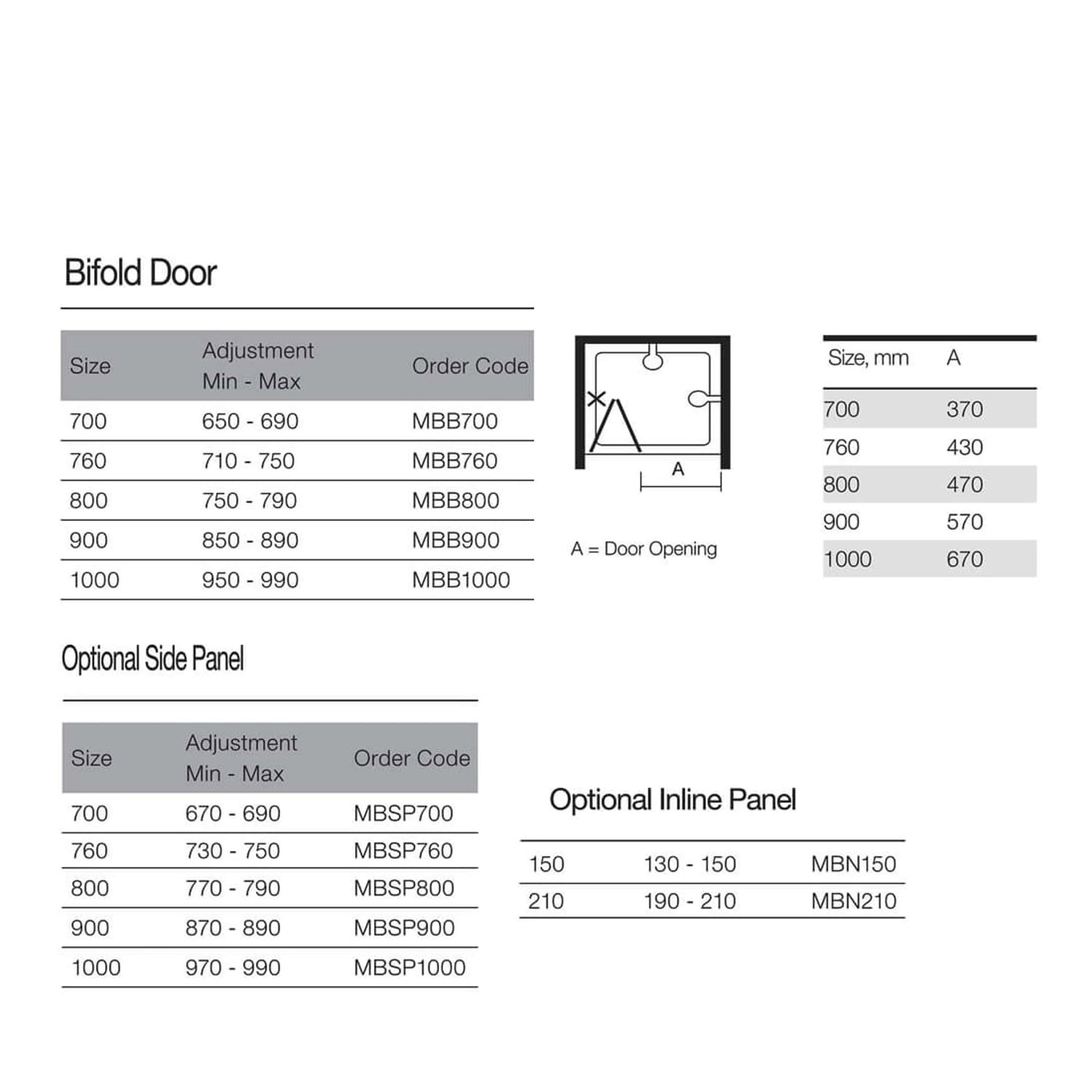 Bubly bathroom bifold door installation guide with size options and technical specifications, featuring adjustable door widths and optional side and inline panels for customisable bathroom design.