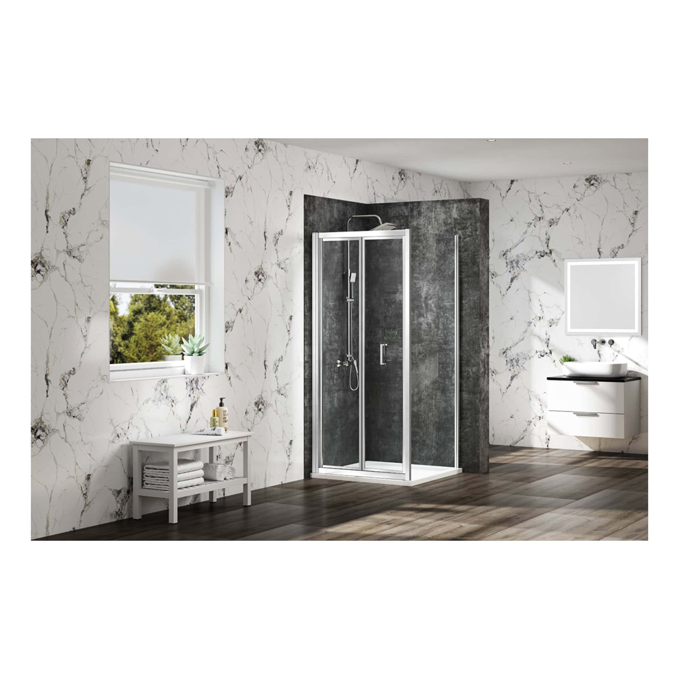 Modern glass shower enclosure with sleek chrome frame in contemporary bathroom with marble walls and wooden flooring, featuring minimalist vanity and natural light.