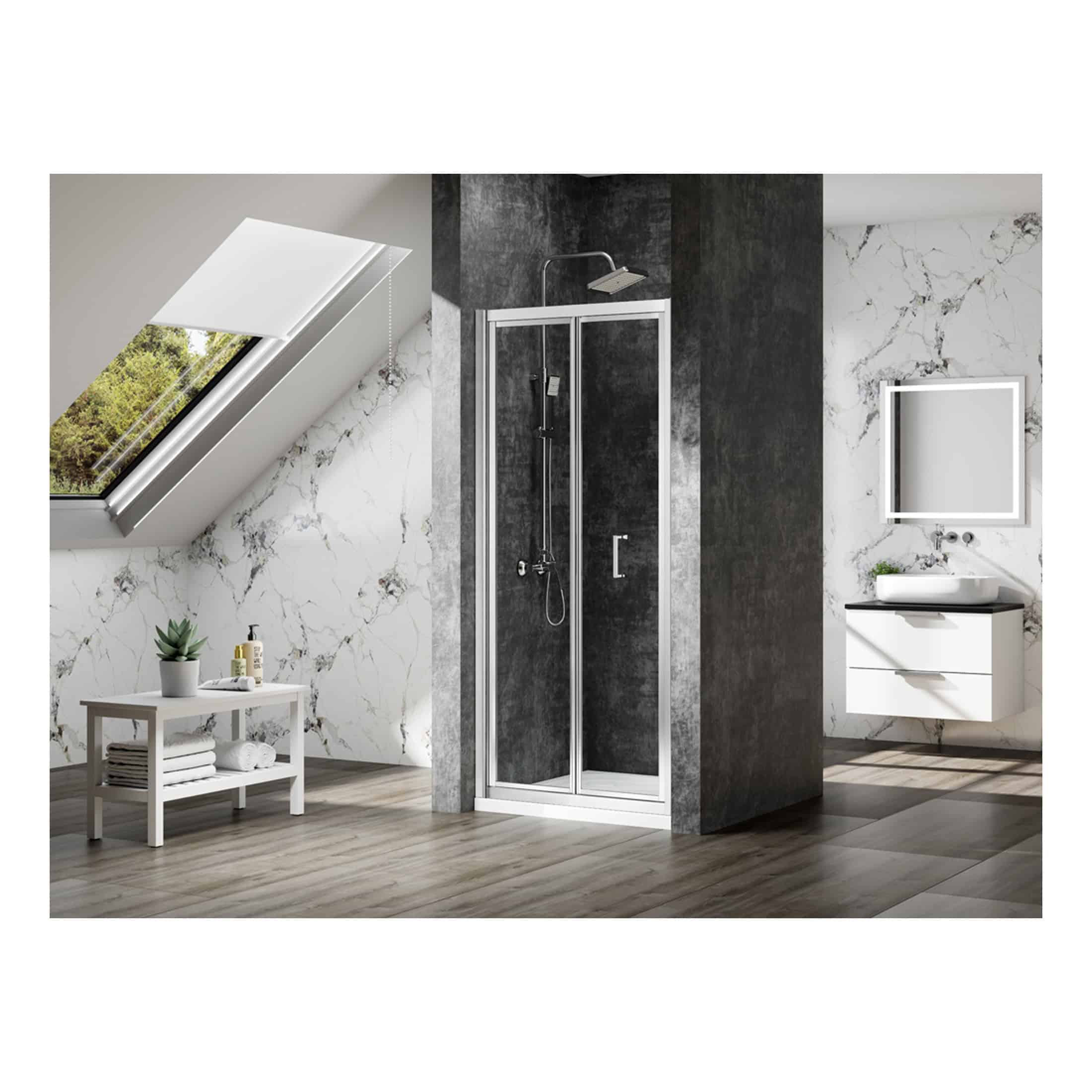 Modern bathroom with a sleek glass shower enclosure, minimalist white vanity with a mirror, and a skylight window providing natural light, designed for contemporary bathroom interiors.