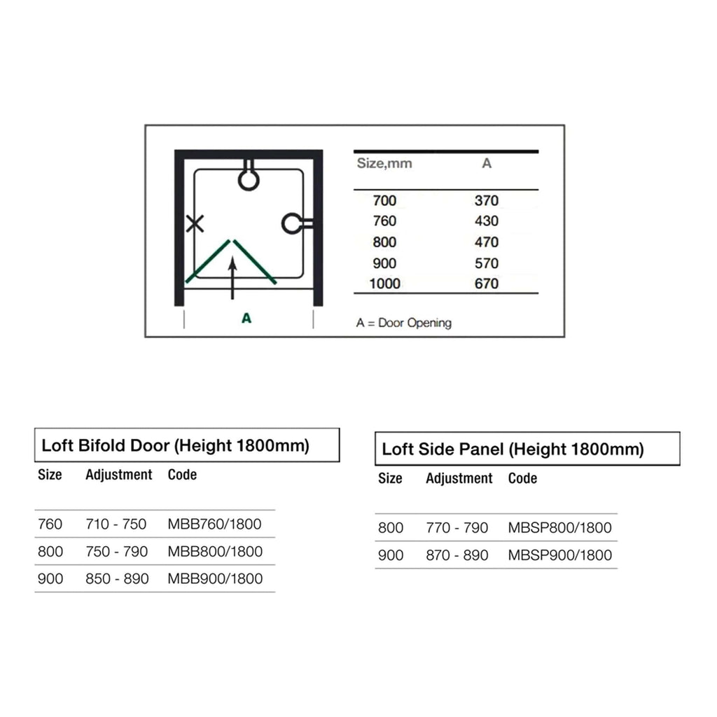 700mm x 700mm shower door with technical installation diagram and size options for loft bifold doors and side panels, including height adjustments, from Bubly Bathrooms.