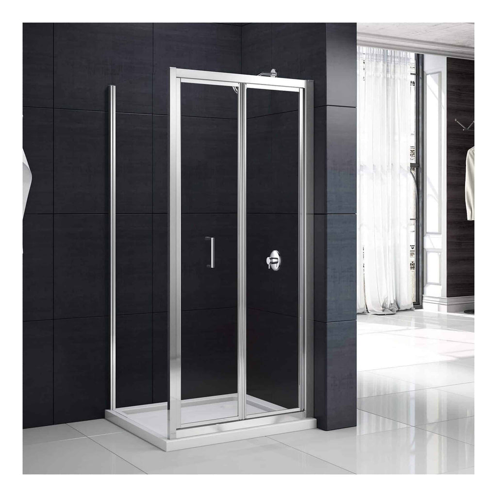 Modern glass shower enclosure with chrome frame in contemporary bathroom setting, ideal for sleek and stylish bathroom renovations.