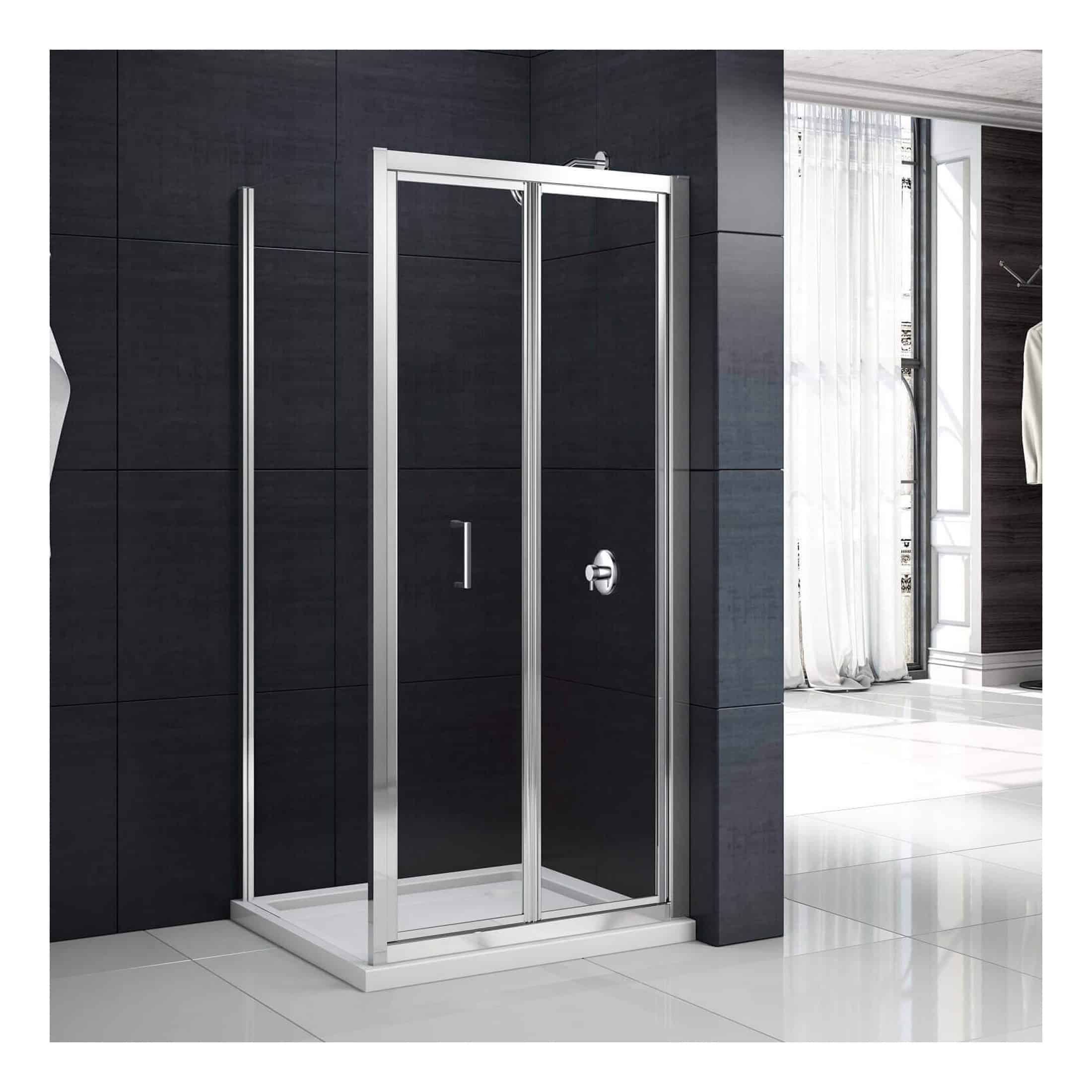Modern glass shower enclosure with chrome frame in contemporary bathroom setting, ideal for sleek and stylish bathroom renovations.
