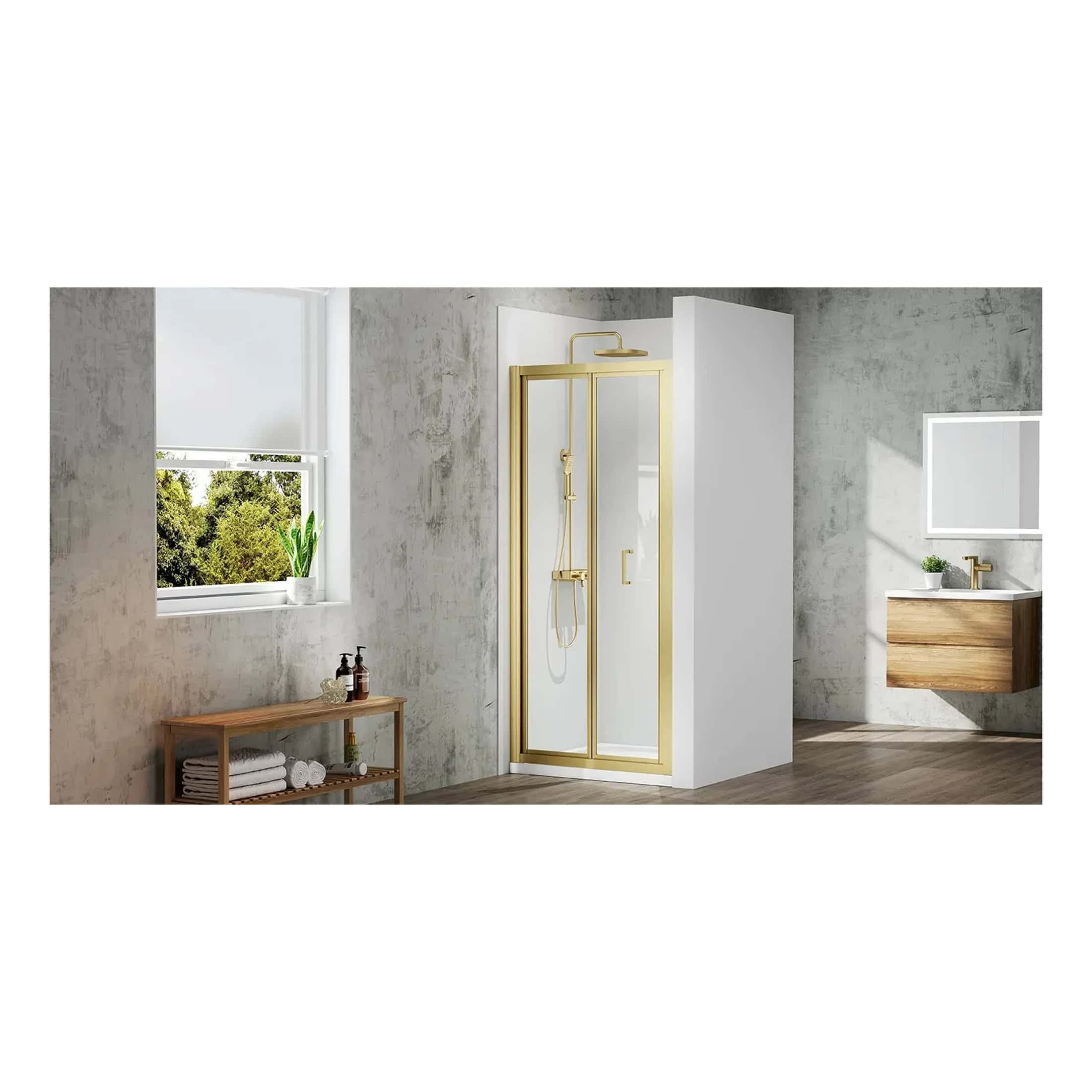 Sleek modern bathroom with a glass shower enclosure featuring gold accents, a wooden vanity with a white sink, and a large window with a scenic view, showcasing contemporary bathroom design.