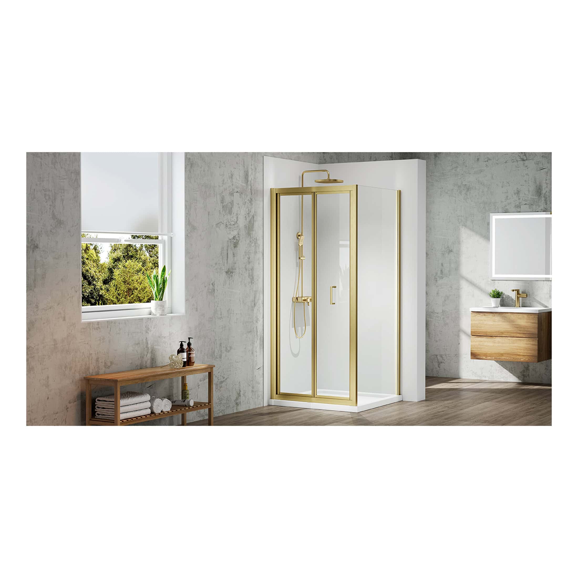 Luxury gold-framed shower enclosure with glass panels in modern bathroom setting. Features a sleek, minimalist design with spacious interior, perfect for contemporary bathroom upgrades.