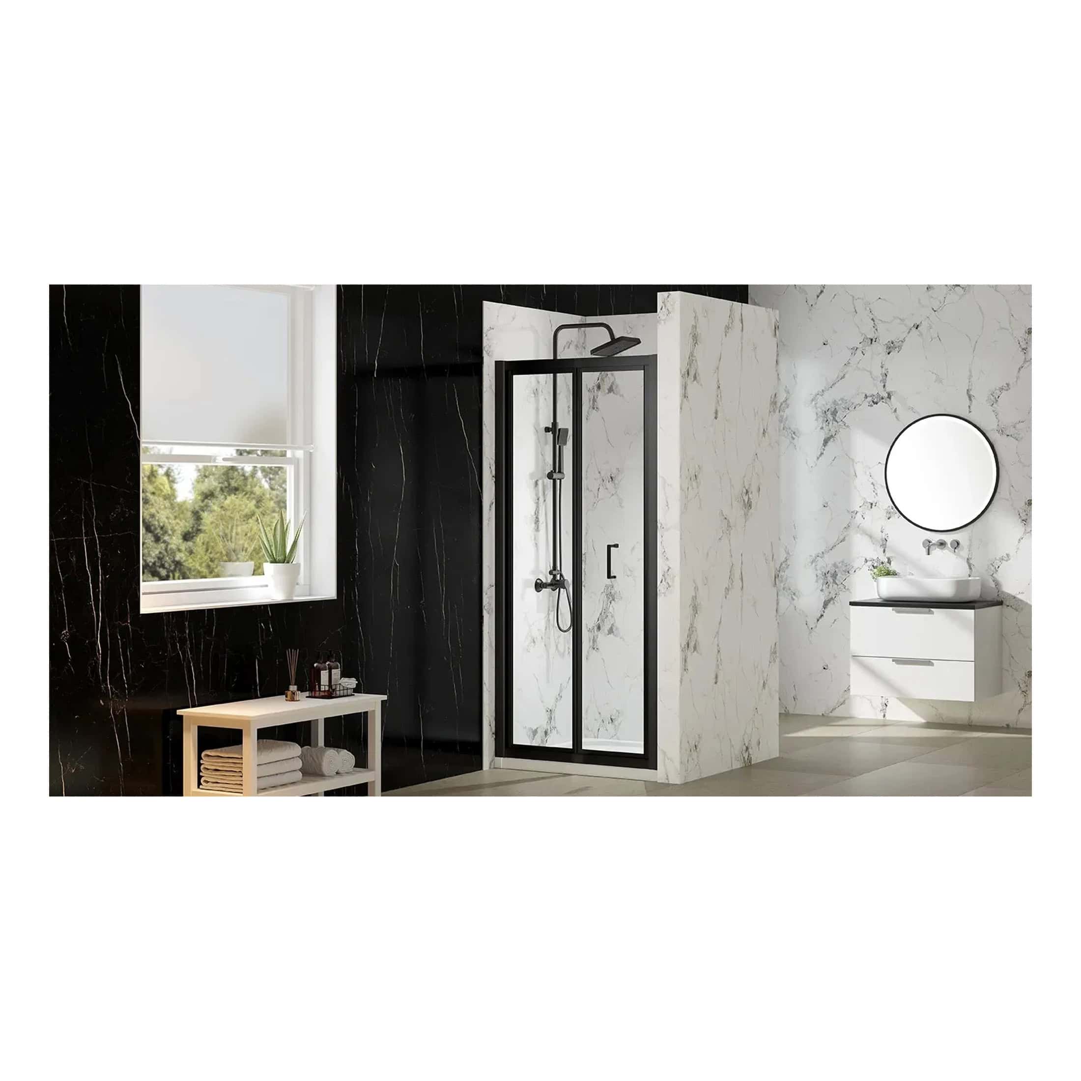 Modern black and white marble bathroom with a sleek walk-in shower, minimalist vanity, and large window for natural light. Stylish and contemporary design ideal for luxury home bathrooms.