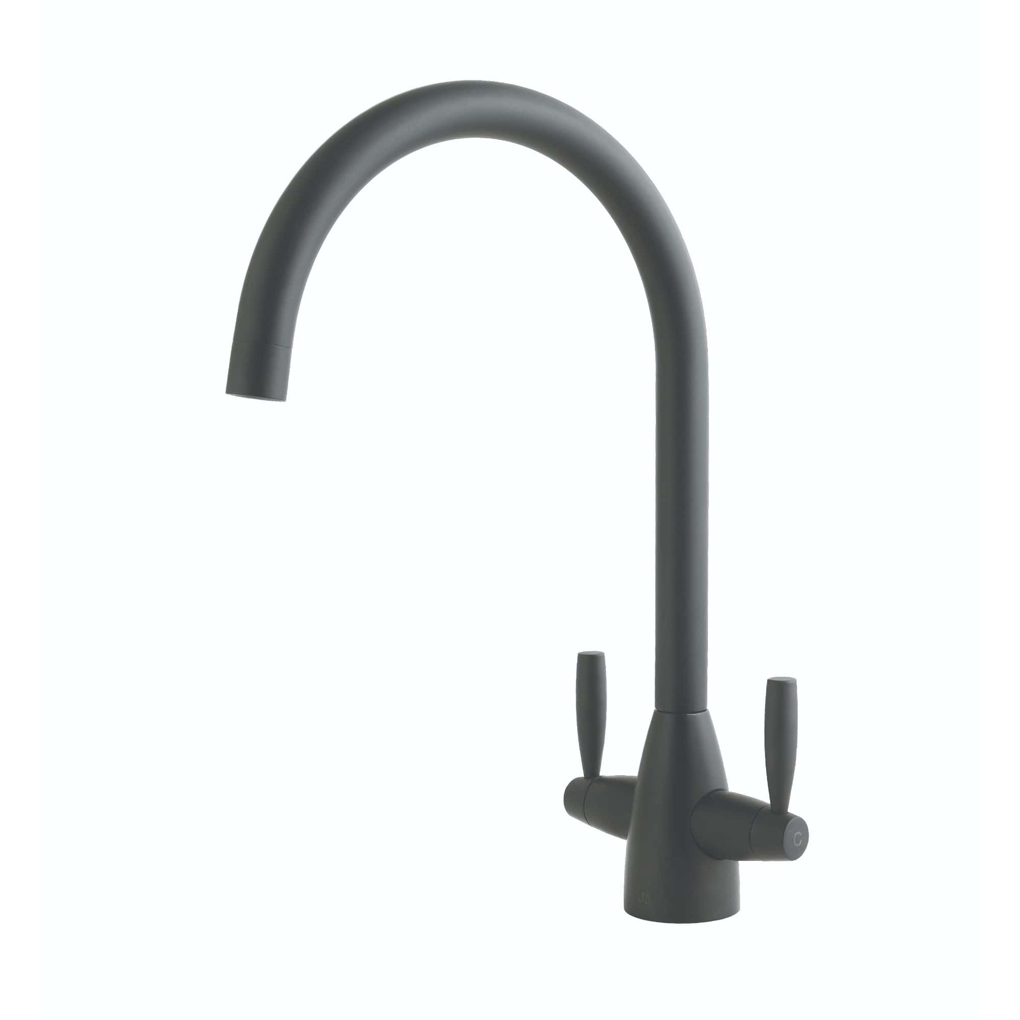 Sleek black modern kitchen tap for stylish and functional Bubly bathroom and kitchen designs, featuring dual handles and high-arc spout for ease of use.