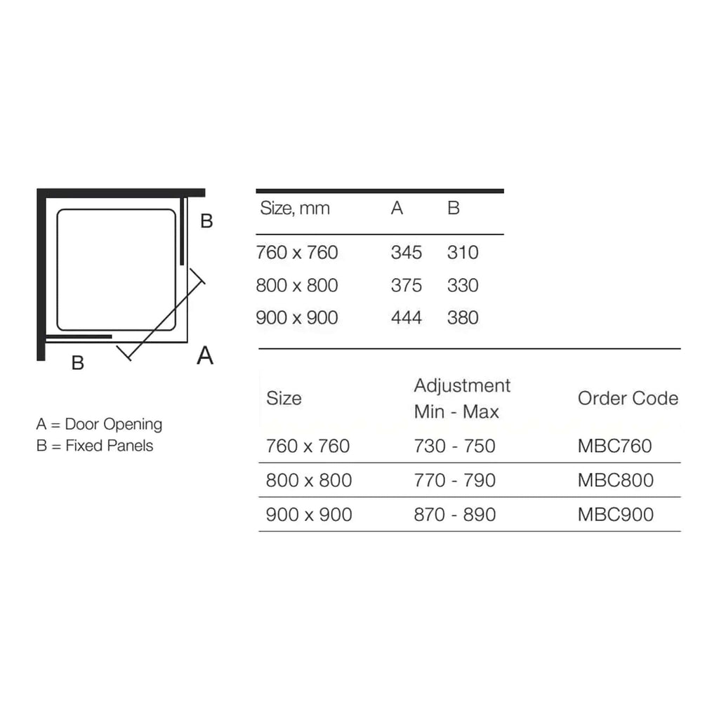 Clear shower enclosure dimensions with door opening and fixed panel details for custom bathroom design. Suitable for various bathroom sizes, with specifications for installation and order codes.