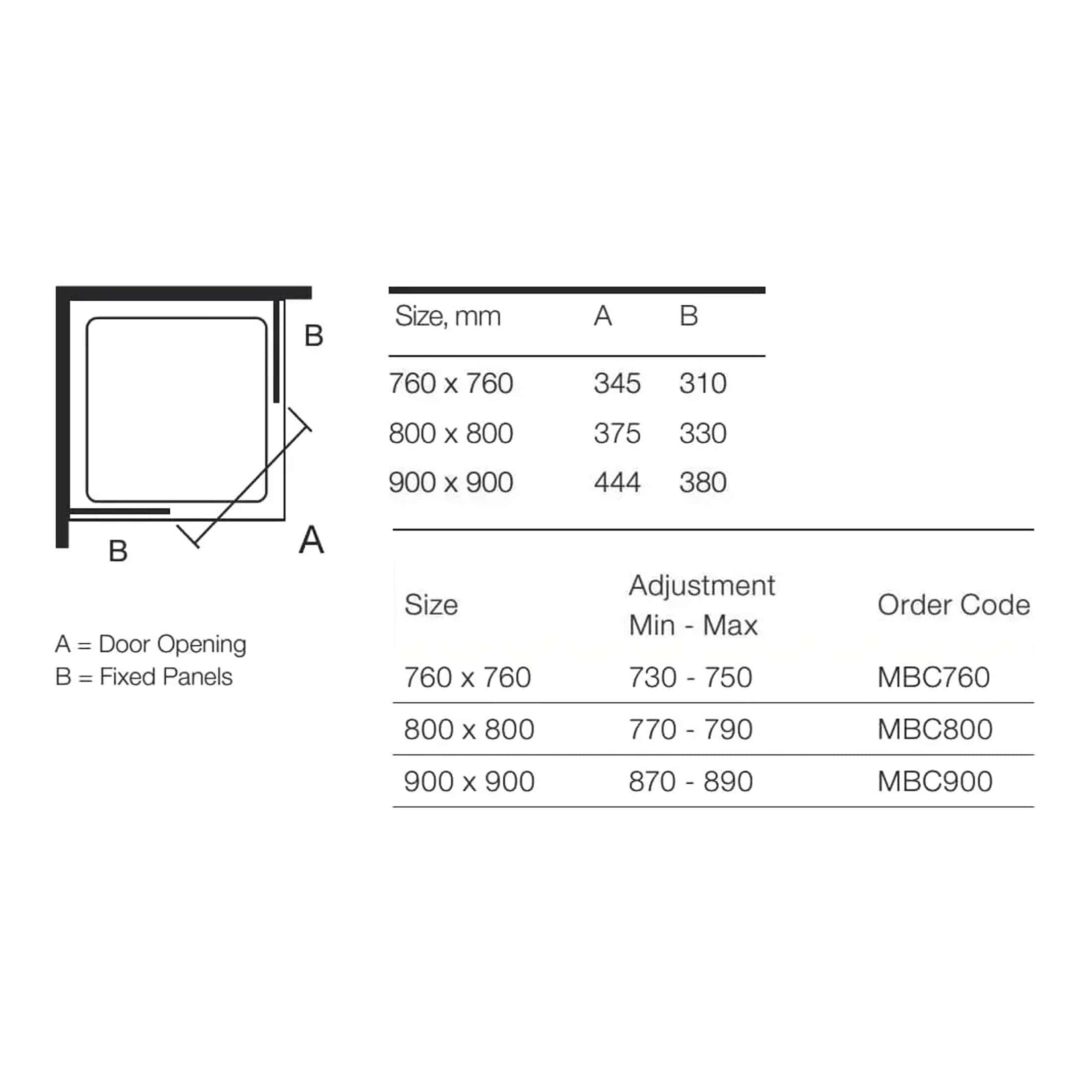 Clear shower enclosure dimensions with door opening and fixed panel details for custom bathroom design. Suitable for various bathroom sizes, with specifications for installation and order codes.